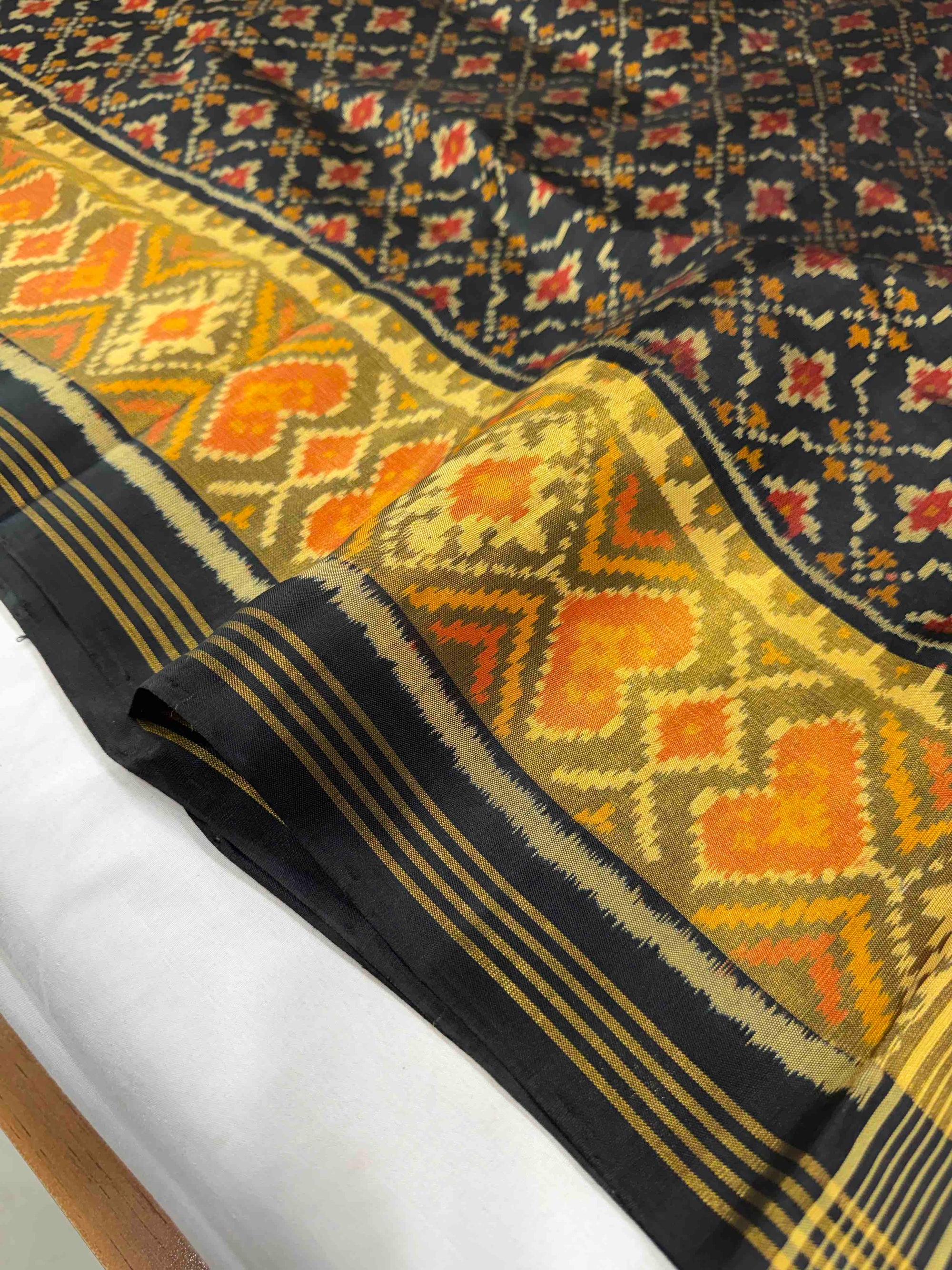 Full Black Buttonfull Bhat Hand Woven Rajkot Patola Silk Saree