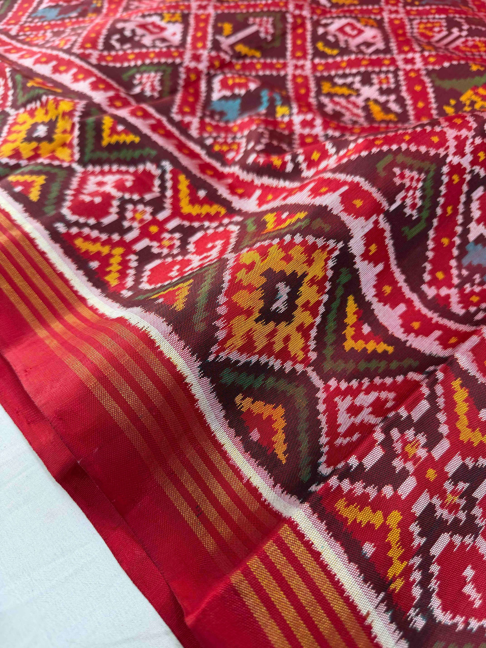 Red & Maroon Narikunj Design Hand Woven Rajkot Ikat Patola Silk Saree