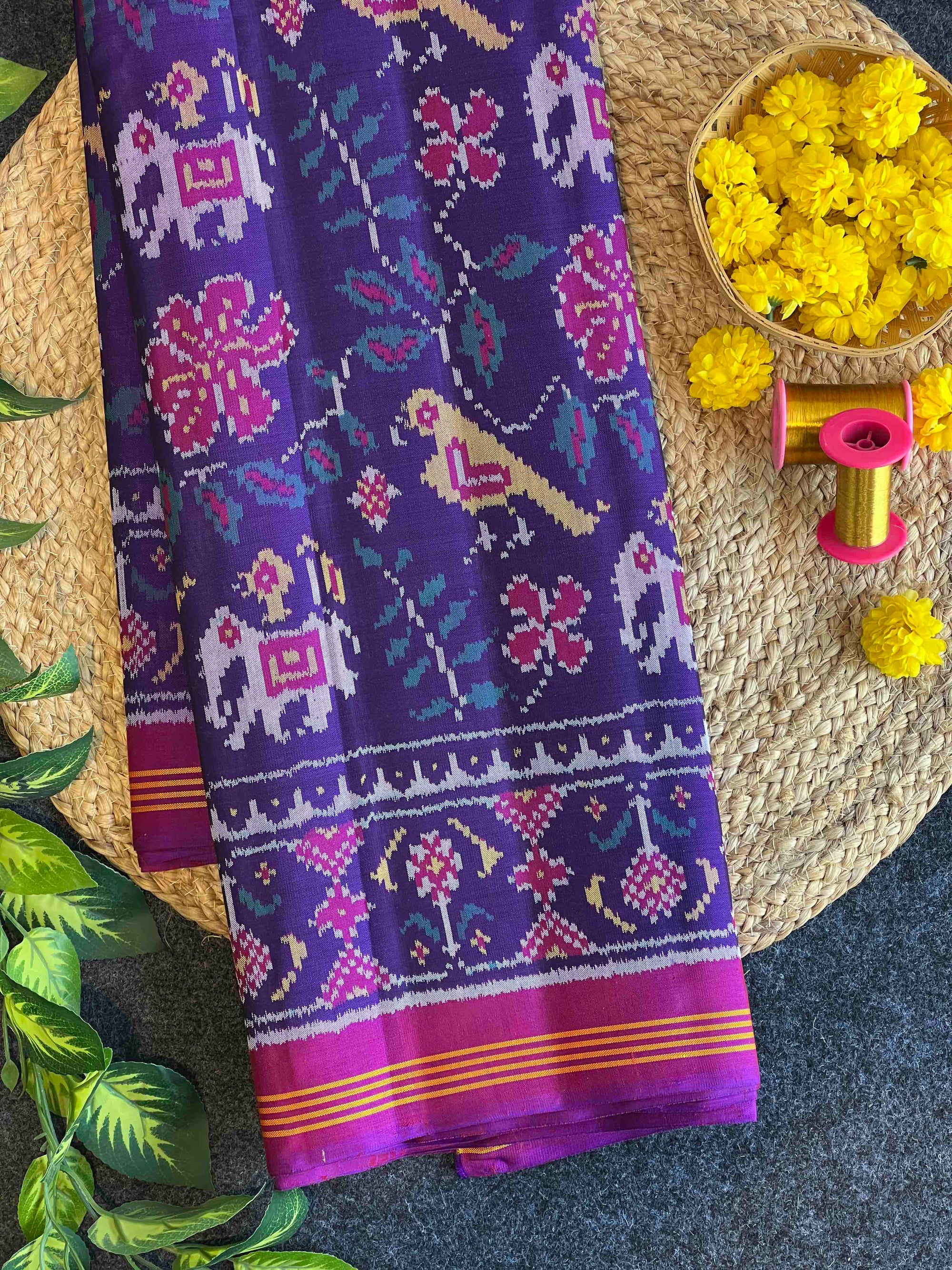 Full Purple Fancy Small Motifs Design Hand Woven Ikat Patola Silk Saree