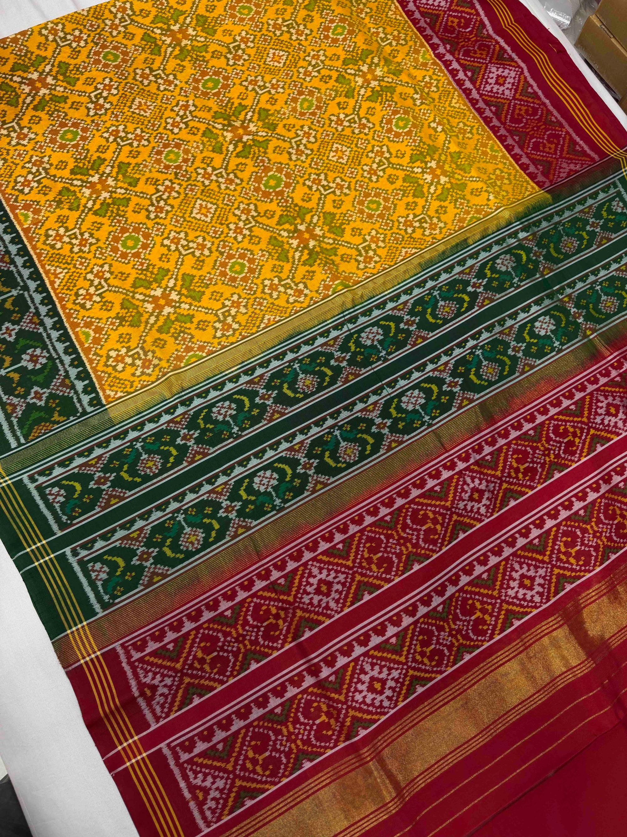 Yellow With Red & Green Hand Woven Rajkot Ikat Patola Silk Saree