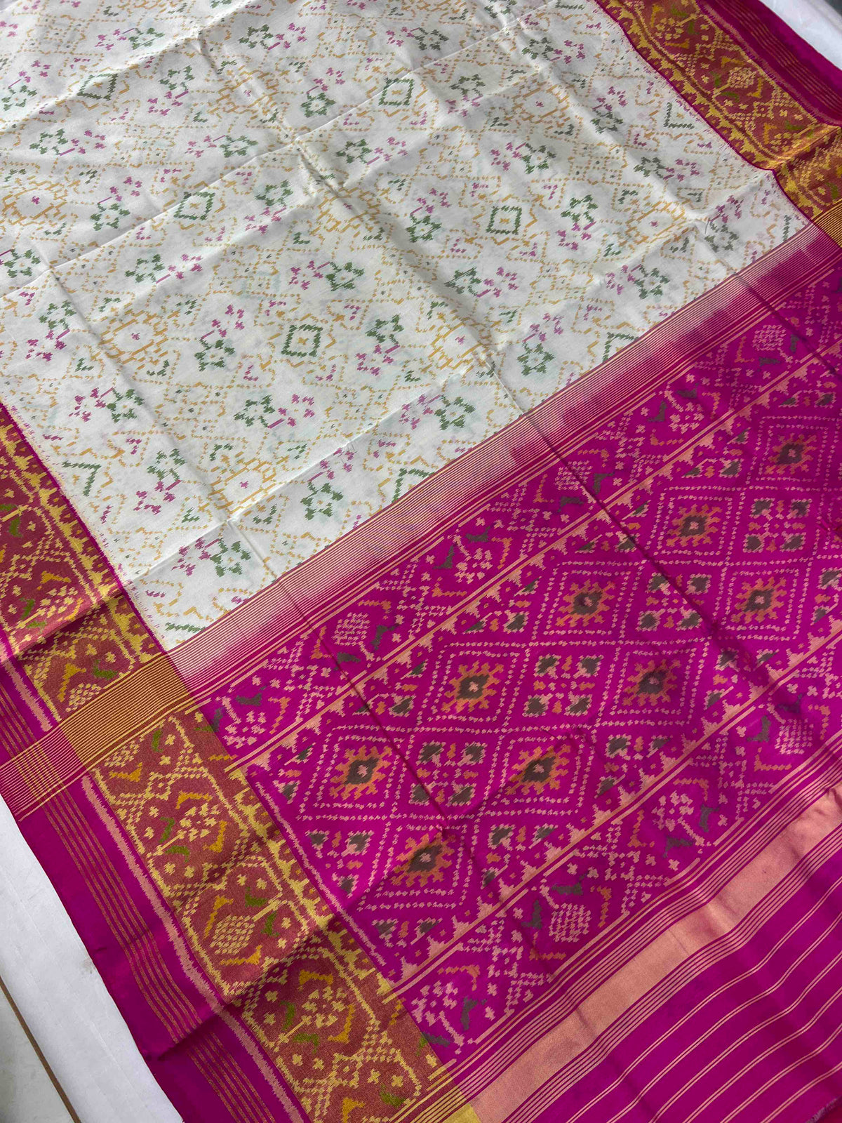 Pink And White Navratan Mix Design Hand Woven Rajkot Patola Silk Saree