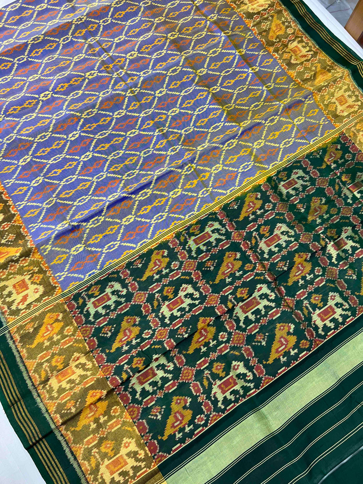 Sky Blue With Green Hand Woven Rajkot Patola Silk Saree