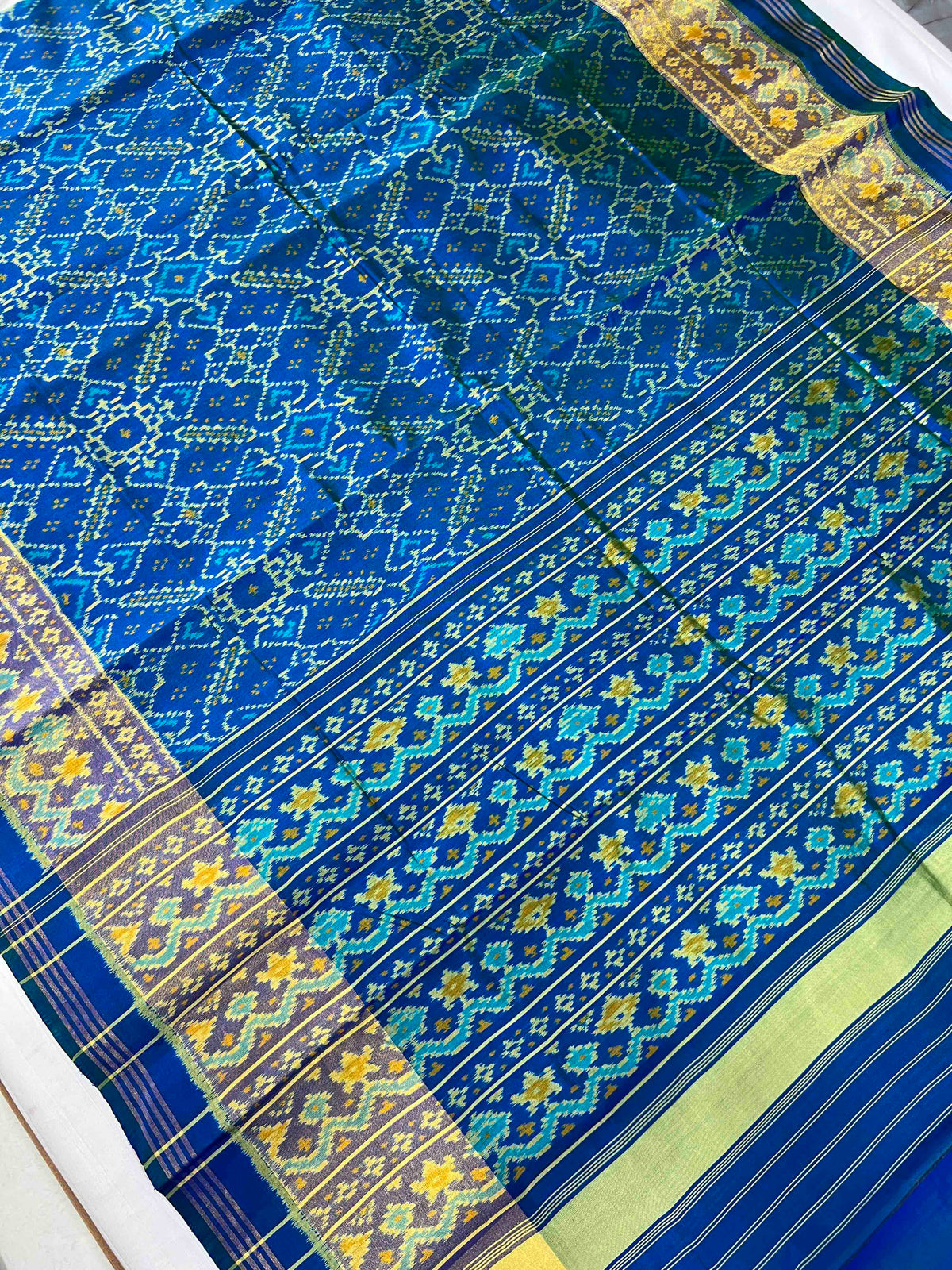 Full Sky Blue Manekchok Design Hand Woven Rajkot Patola Silk Saree
