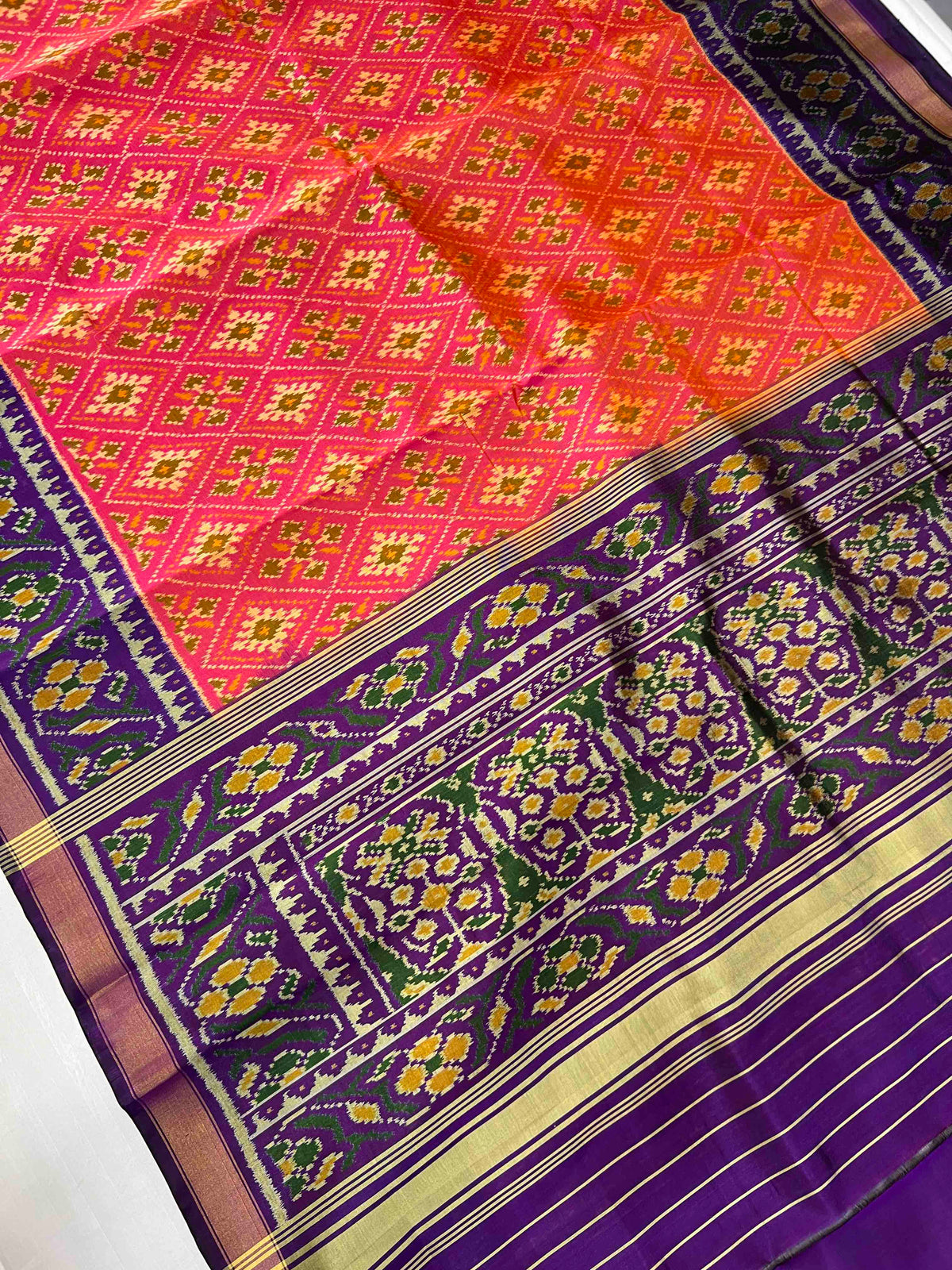 Peach With Purple Paanchanda Hand Woven Rajkot Patola Silk Saree