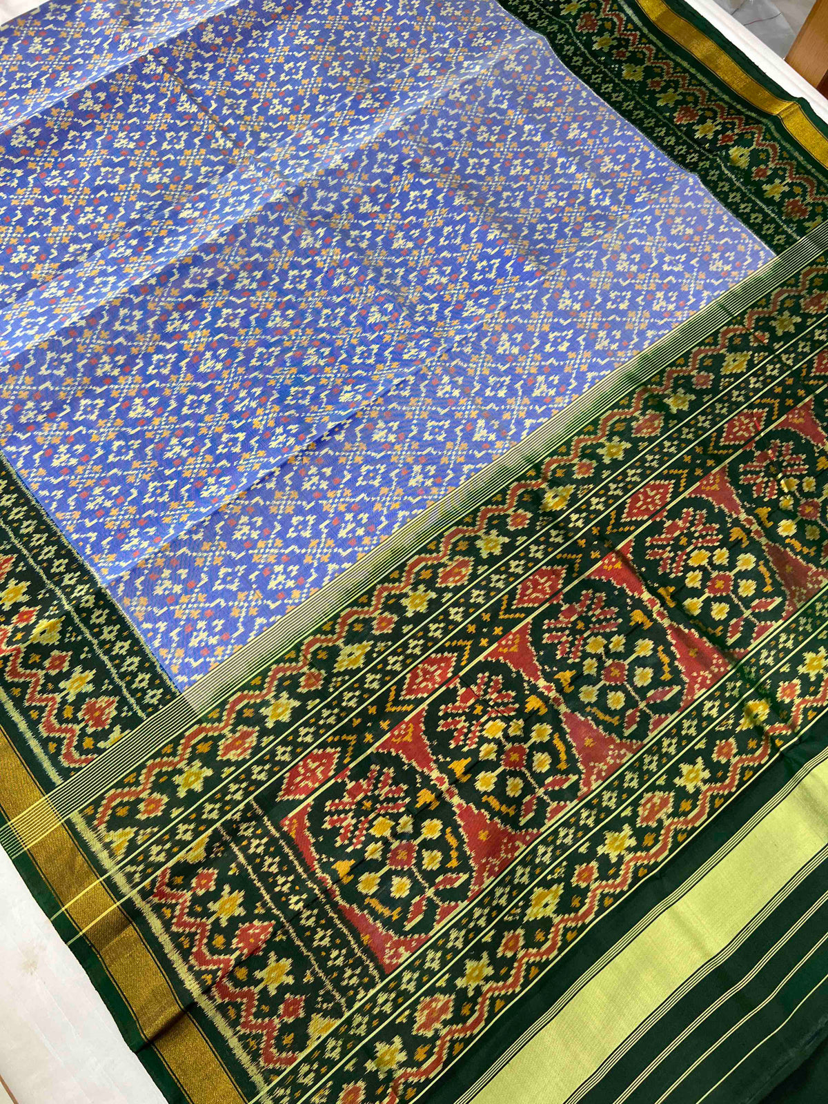 Sky Blue With Green Button Bhat Hand Woven Rajkot Patola Silk Saree
