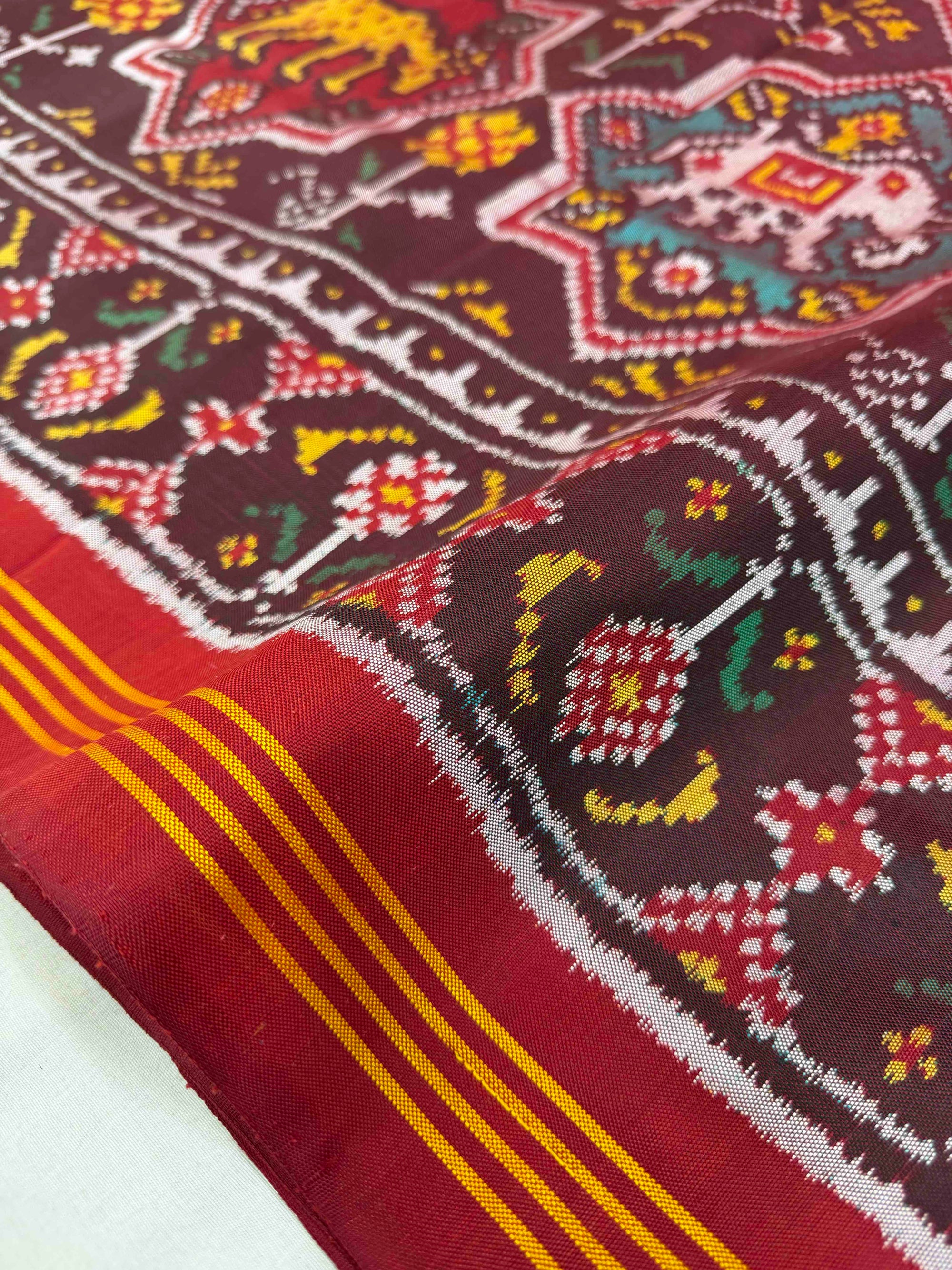 Maroon & Red Star Design Rajkot Ikat Patola Silk Saree