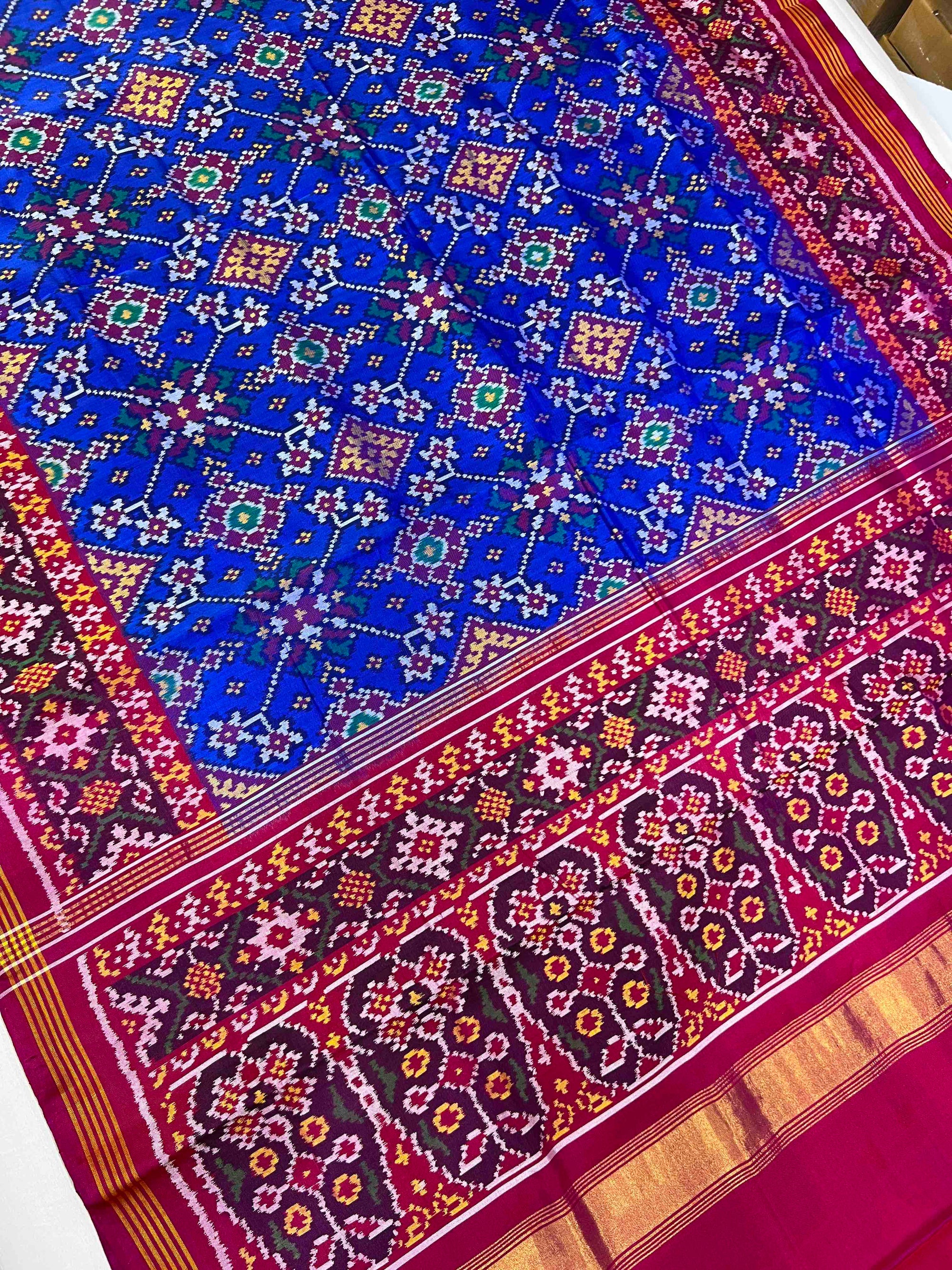 Blue & Pink Navratan Hand Woven Rajkot Ikat Patola Silk Saree