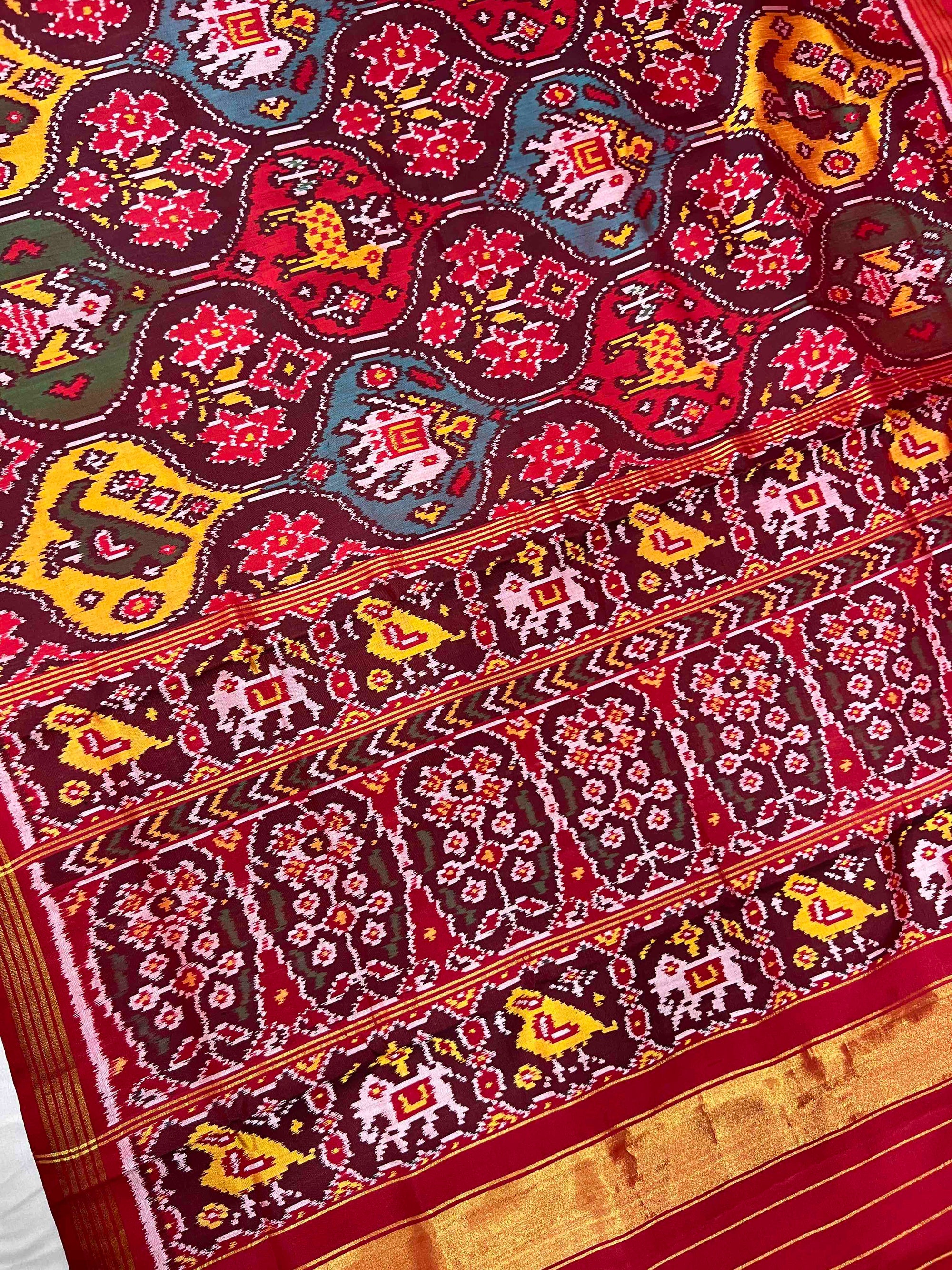 Red With Multi Big Motifs Hand Woven Rajkot Ikat Patola Silk Saree