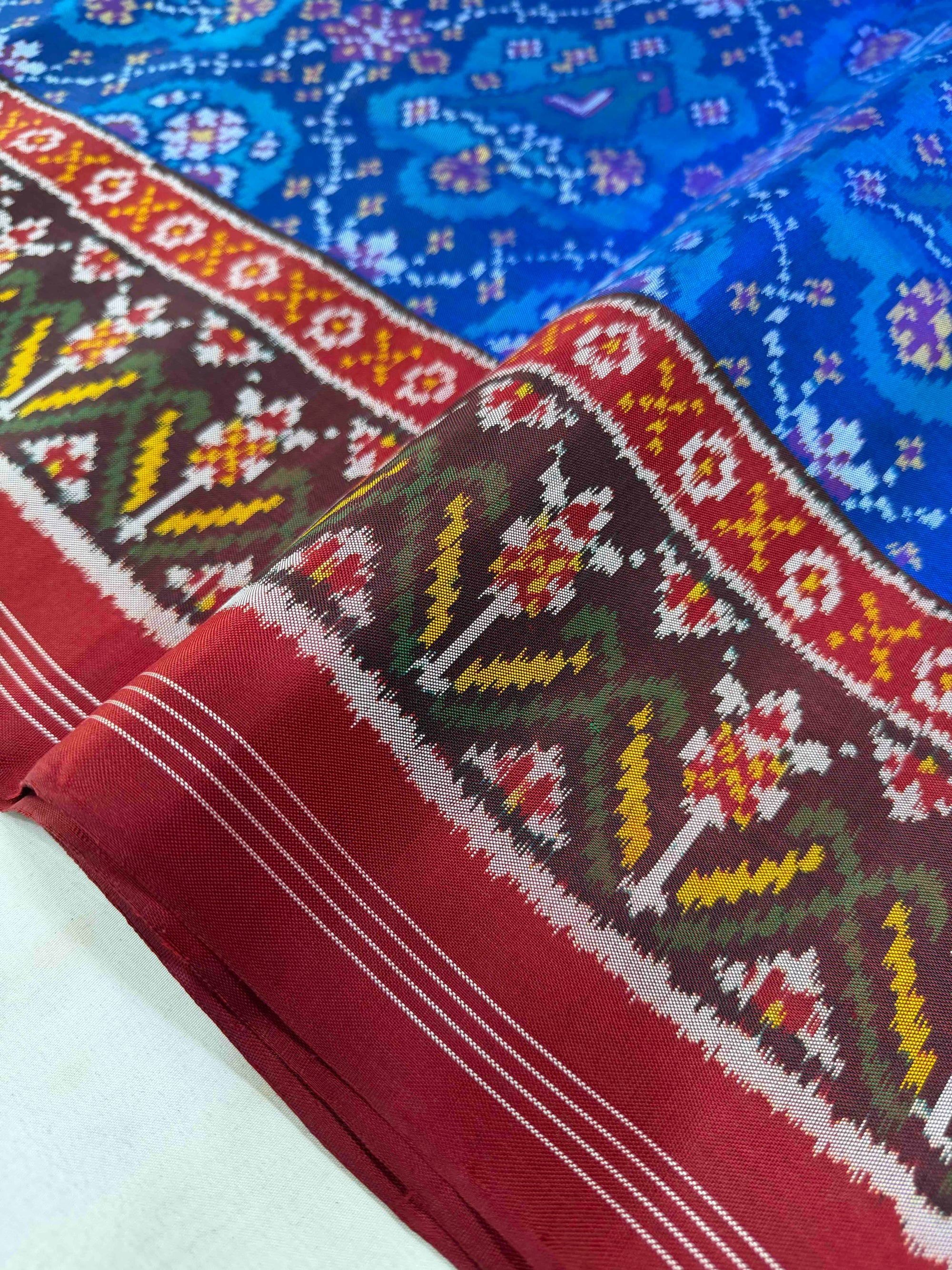 Blue & Red Big Motifs Hand Woven Rajkot Ikat Patola Silk Saree