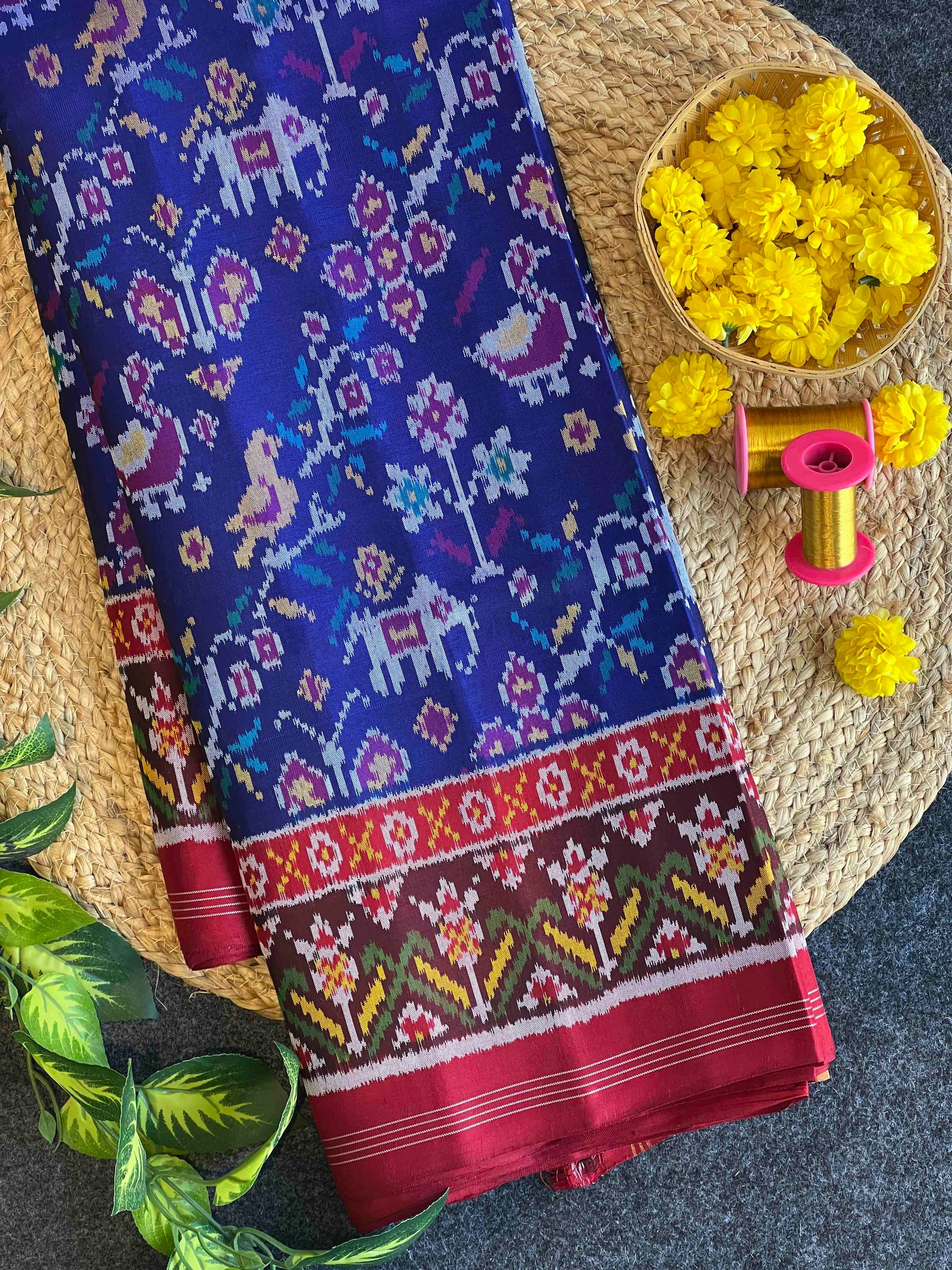 Blue And Red Fancy Small Motifs Design Hand Woven Ikat Patola Silk Saree