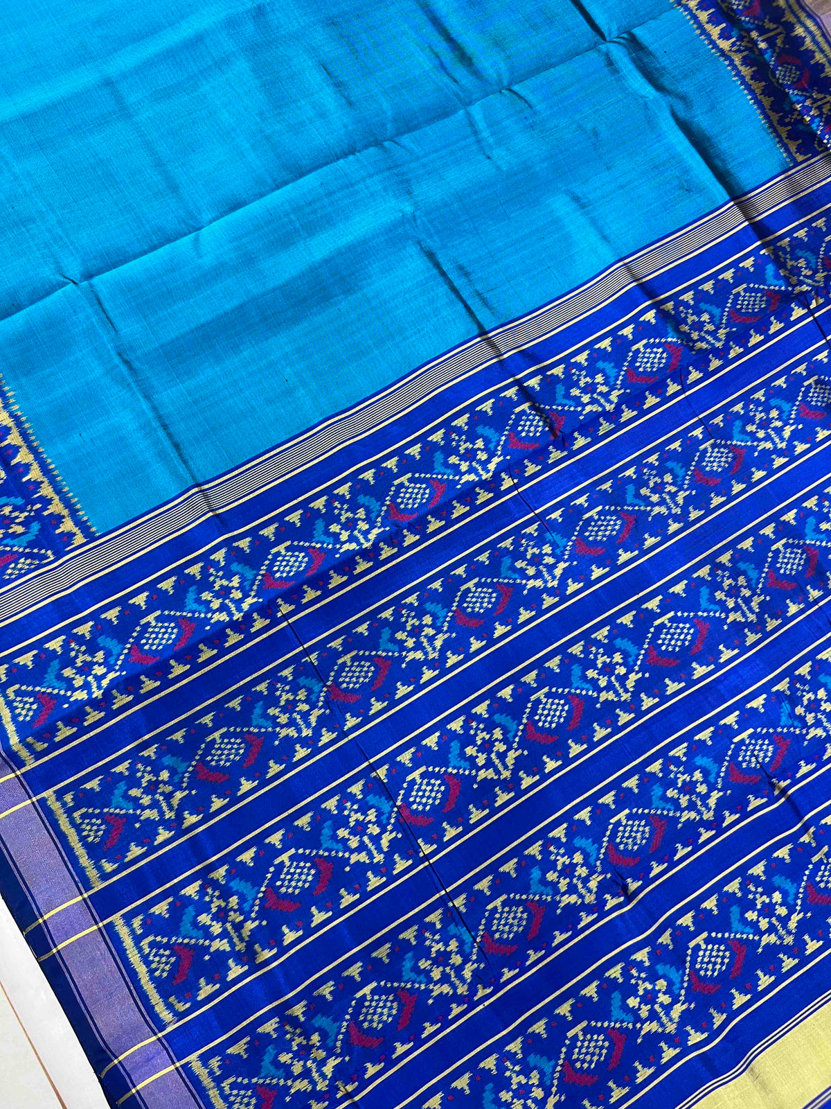 Sky Blue With Blue Gala Border Design Hand Woven Rajkot Patola Silk Saree