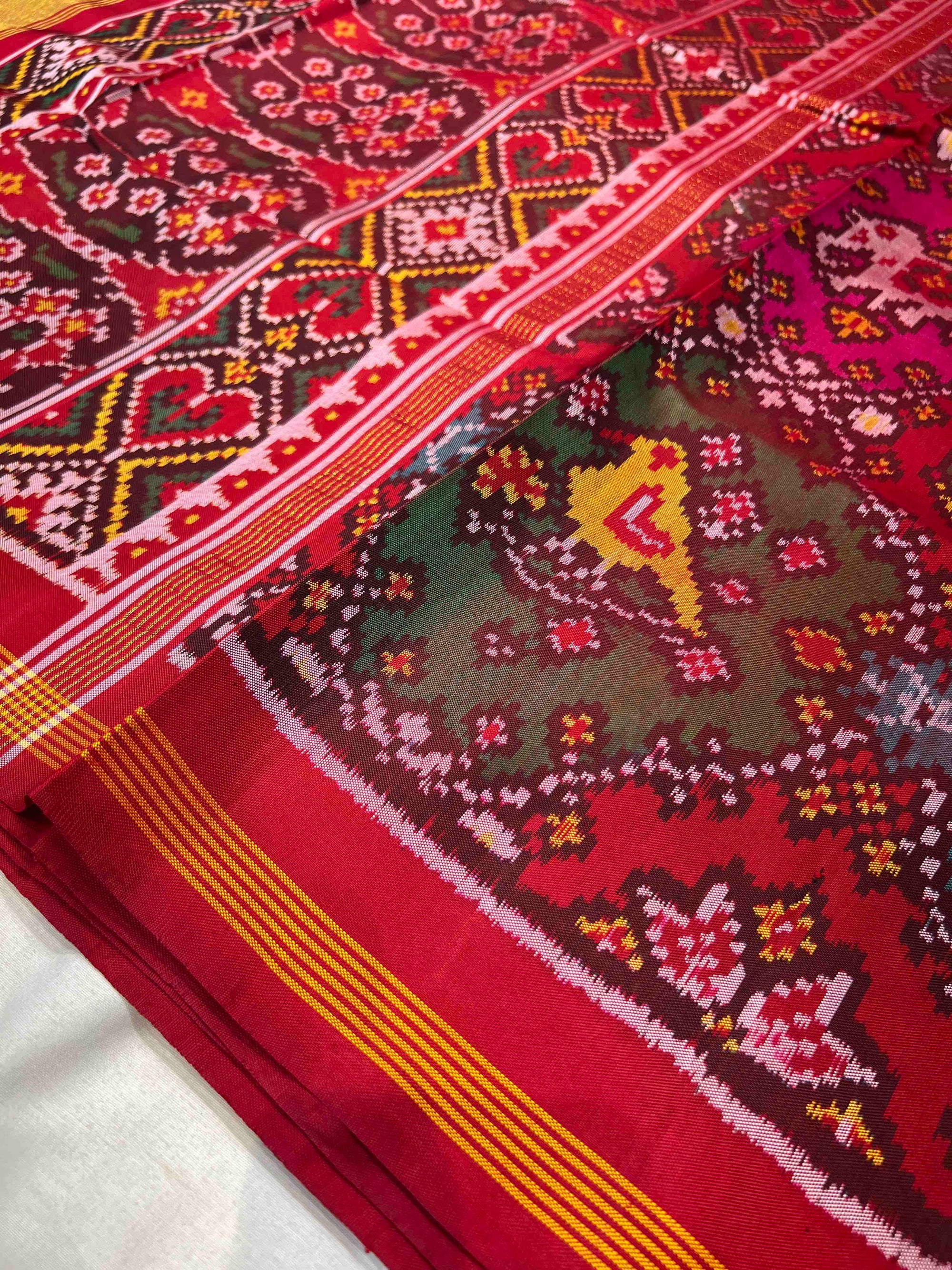 Multi Color Big Motif Hand Woven Rajkot Ikat Patola Silk Saree