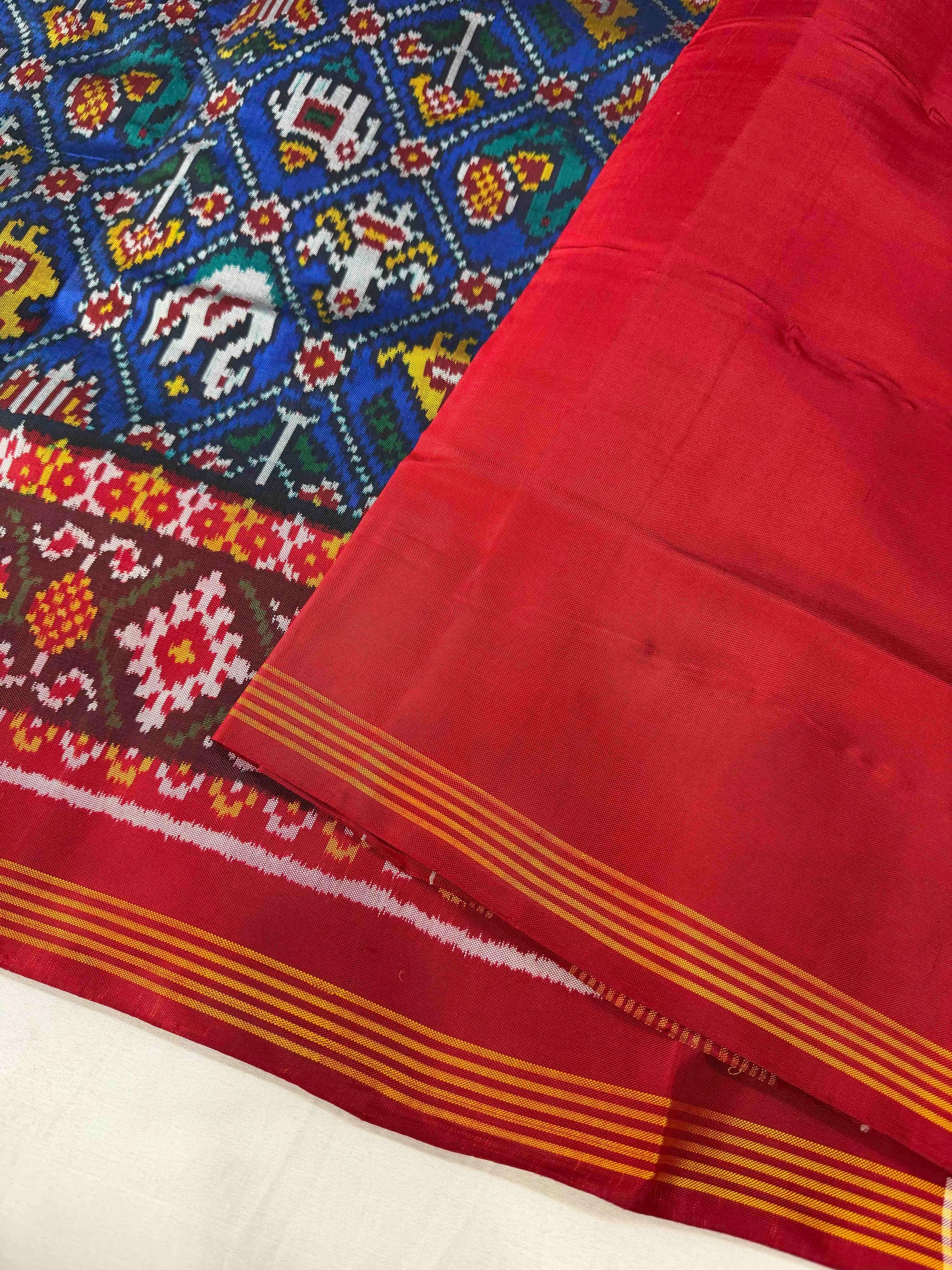 Blue And Red  Narikunj Design Hand Woven Rajkot Ikat Patola Silk Saree