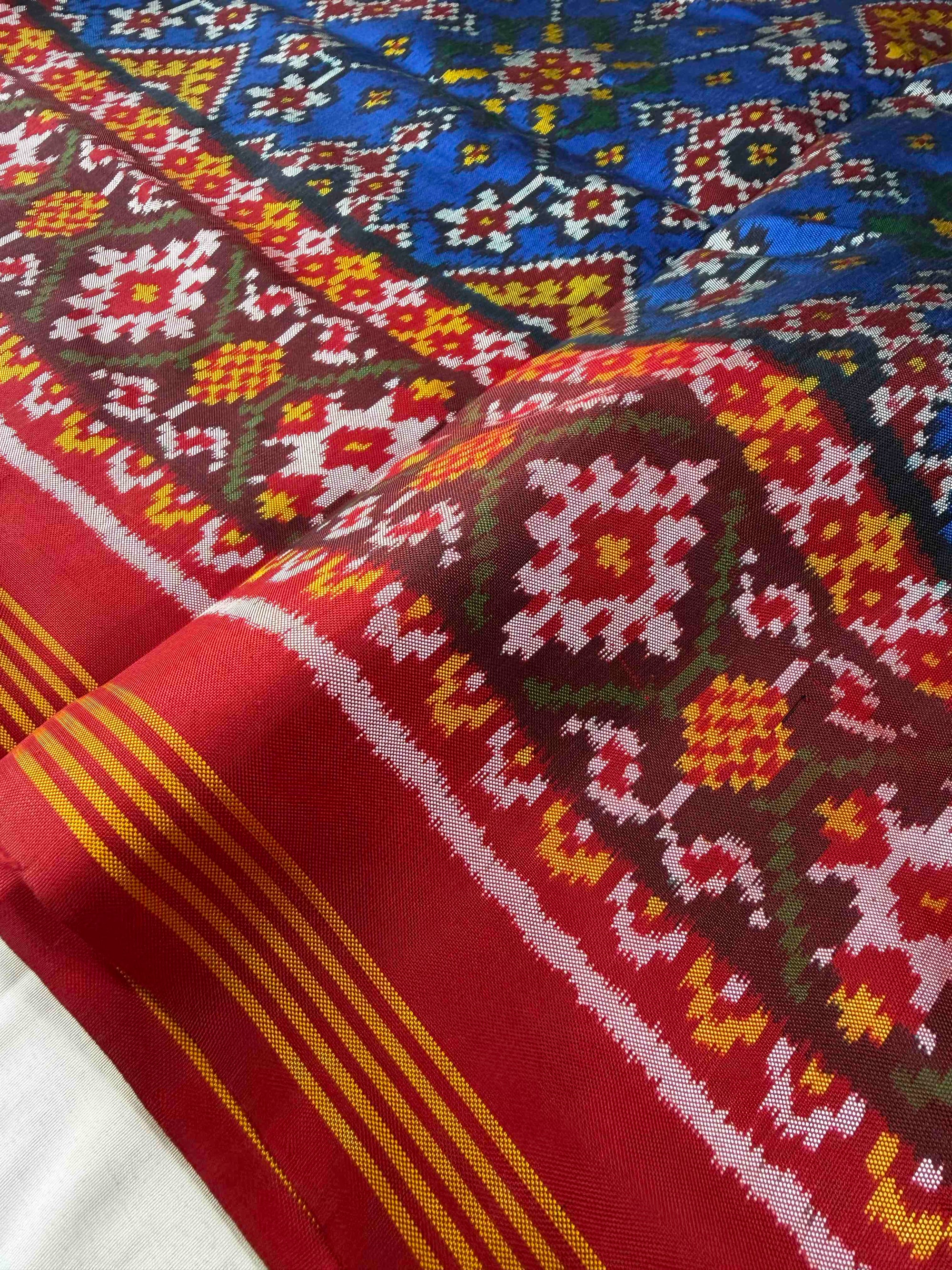 Blue & Red Navratan Hand Woven Rajkot Ikat Patola Silk Saree