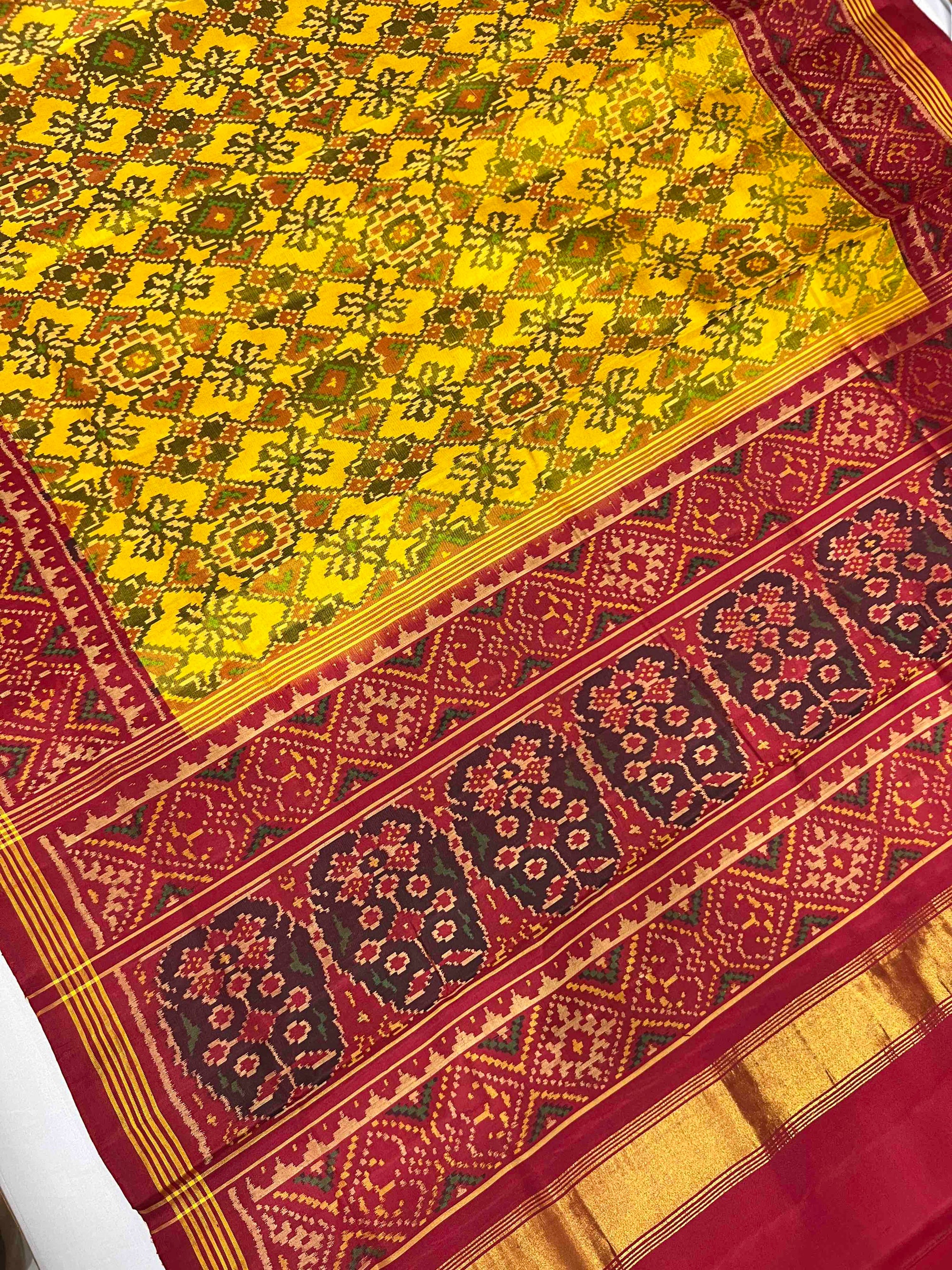 Yellow & Red Manekchok Hand Woven Rajkot Ikat Patola Silk Saree