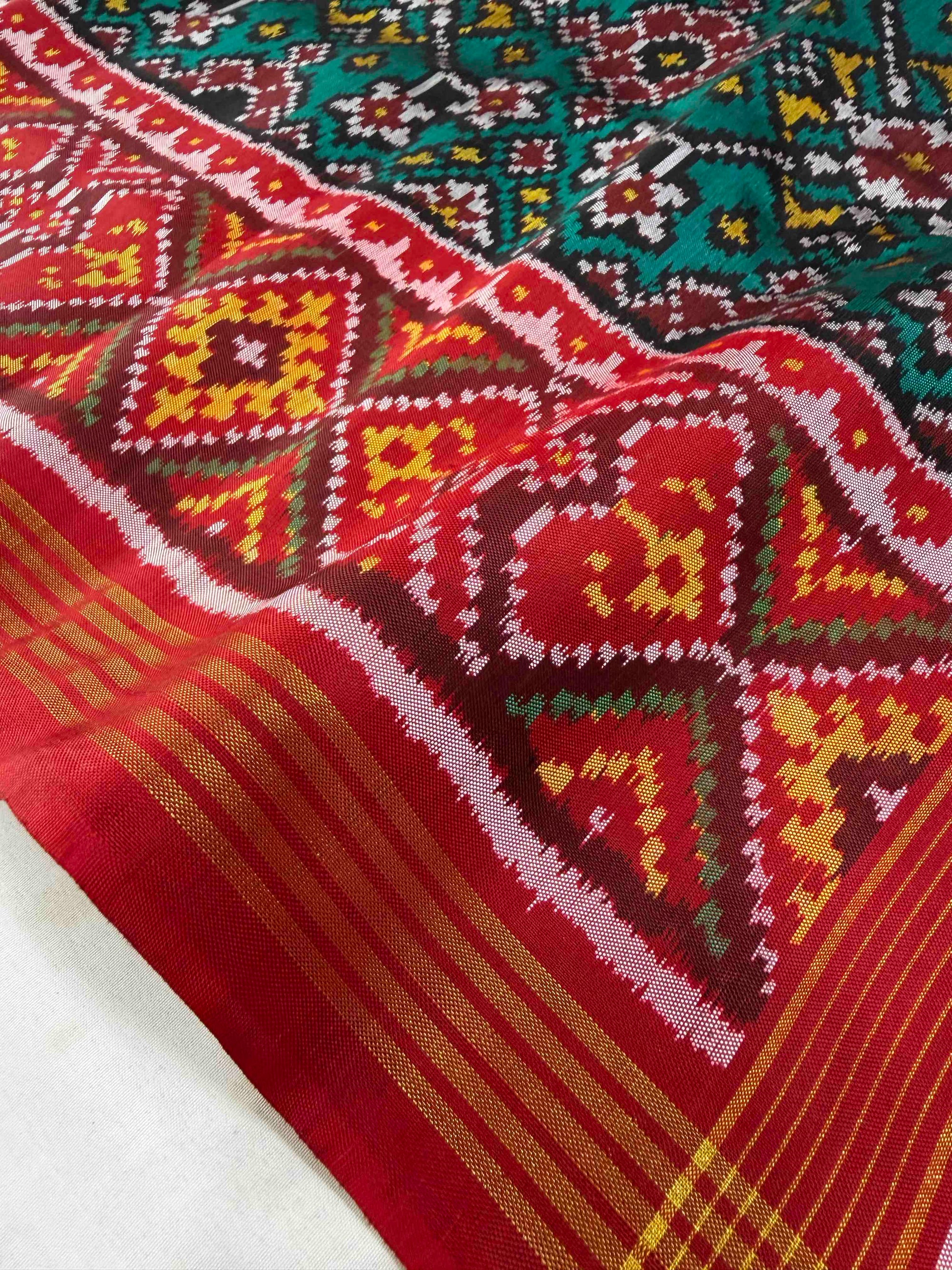 Sea Green & Red Navratan Design Rajkot Ikat Patola Silk Saree