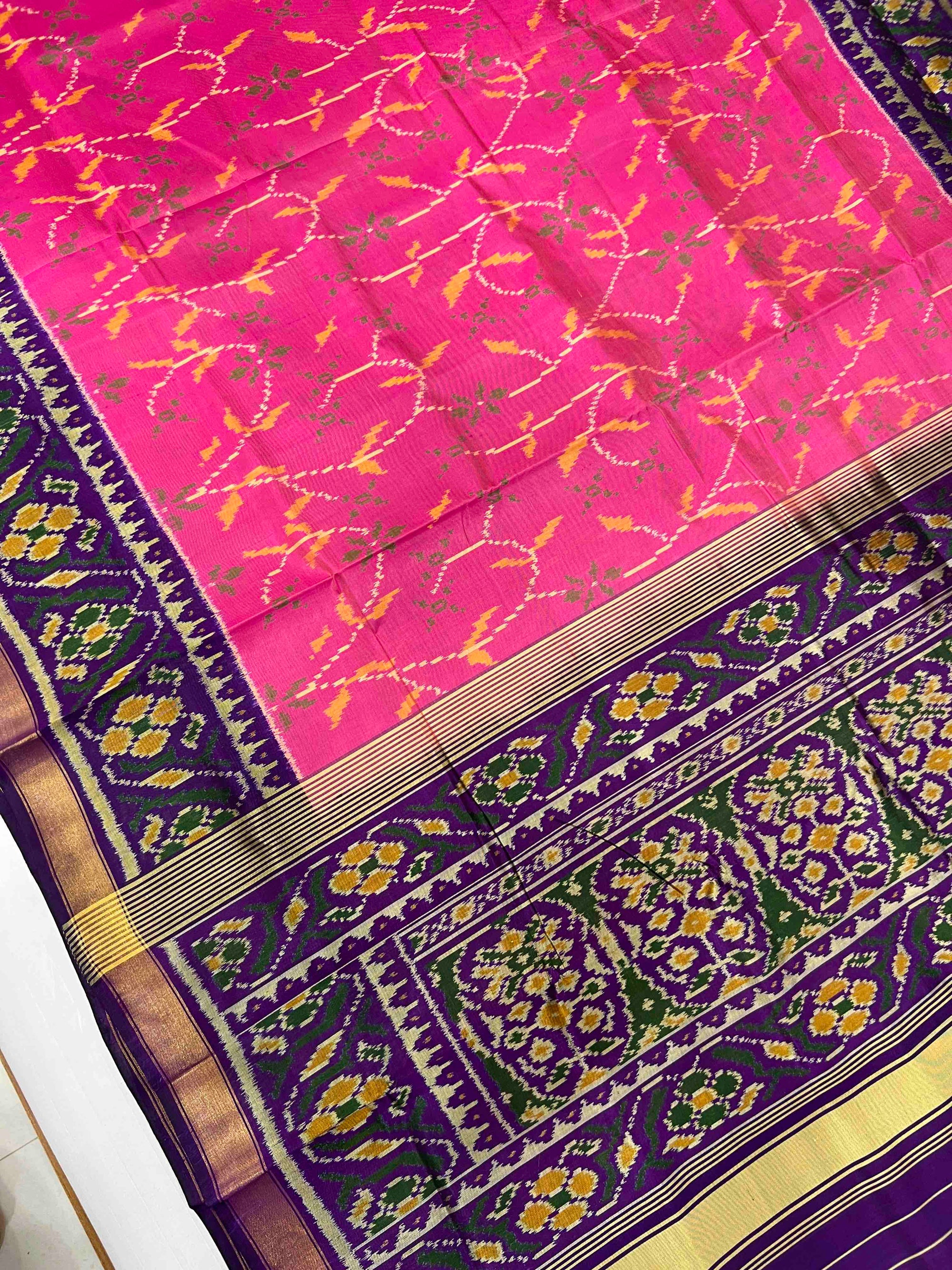 Pink & Dark Purple Fancy Hand Woven Rajkot Patola Silk Saree