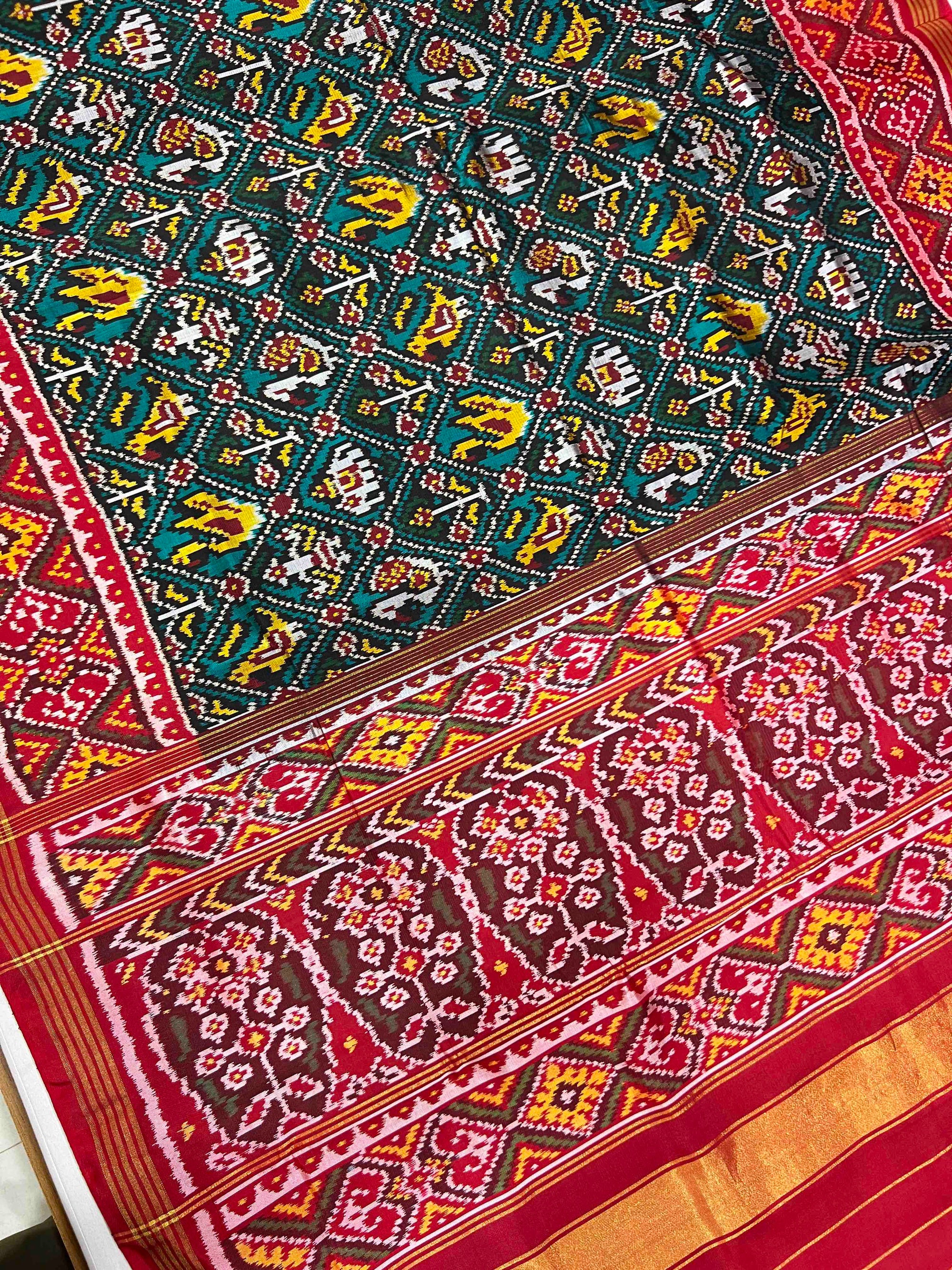 Sea Green With Red Narikunj Hand Woven Rajkot Ikat Patola Silk Saree