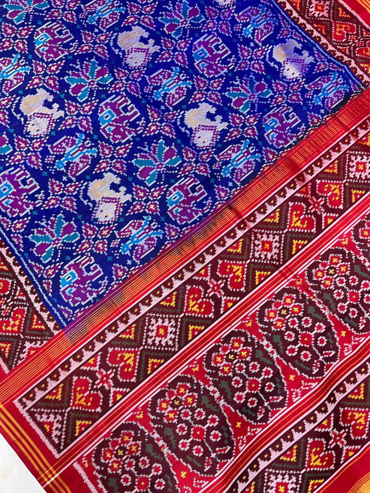 Blue And Red Small Motifs Design Hand Woven Rajkot Ikat Patola Silk Saree