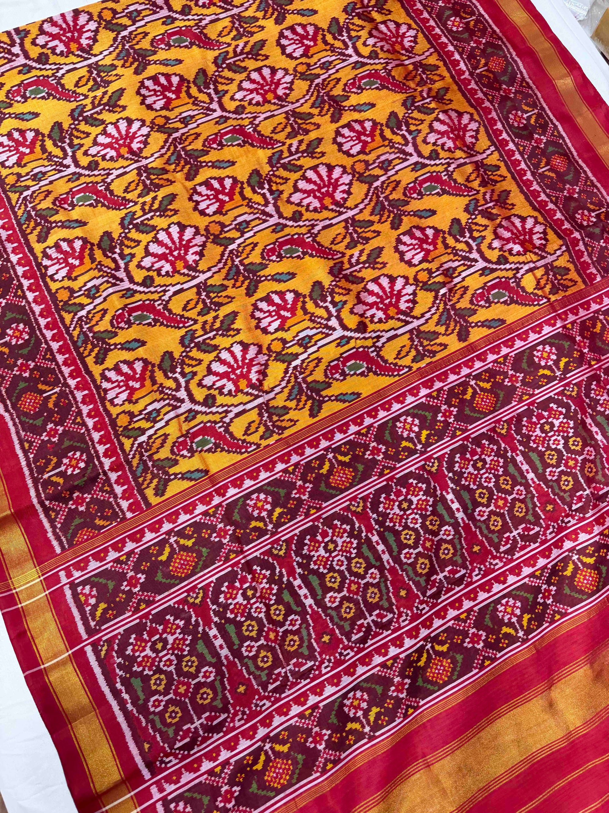 Musturd Yellow With Maroon Fancy Hand Woven Rajkot Patola Silk Saree