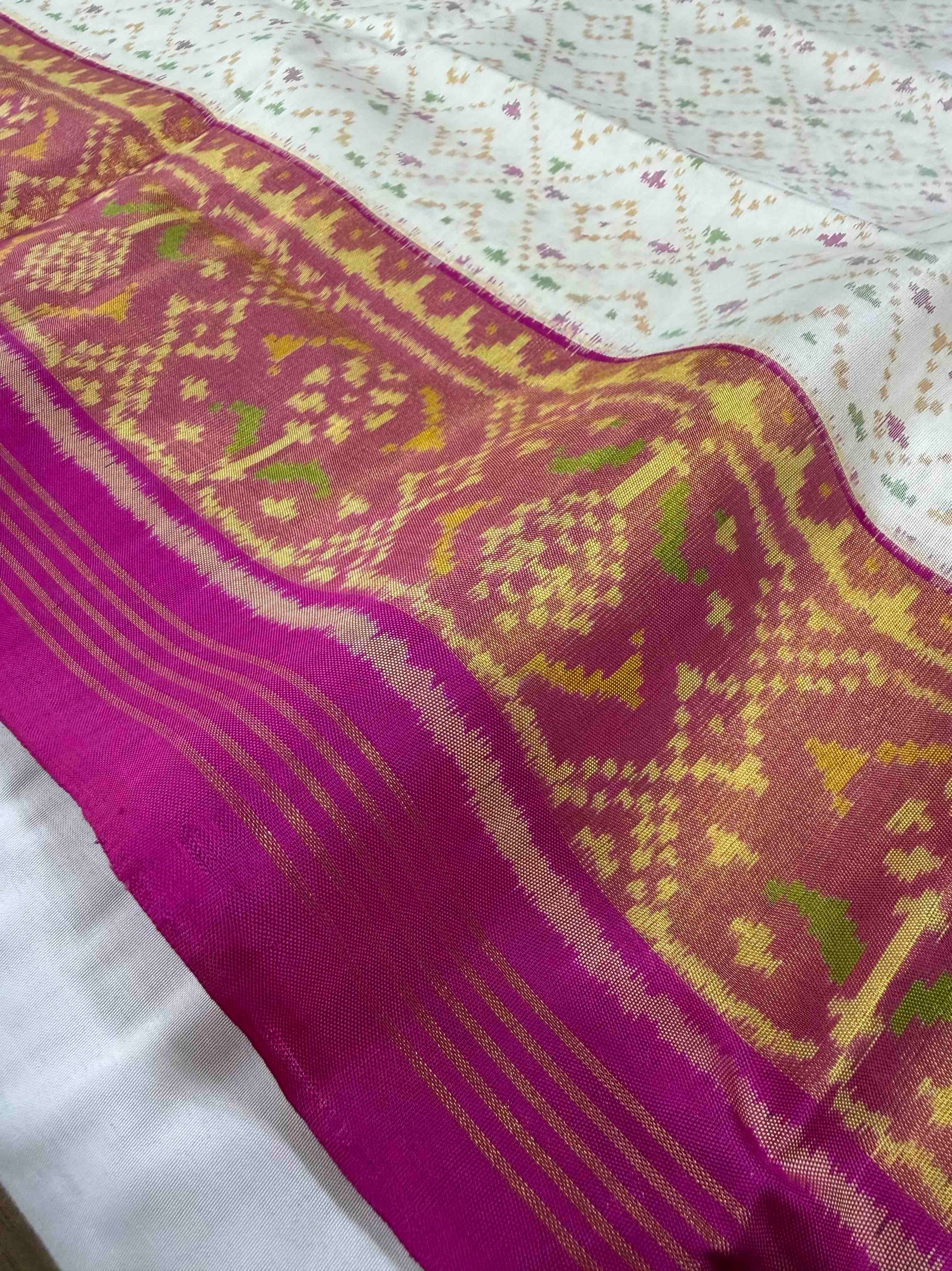 White With Pink Hand Woven Rajkot Patola Silk Saree