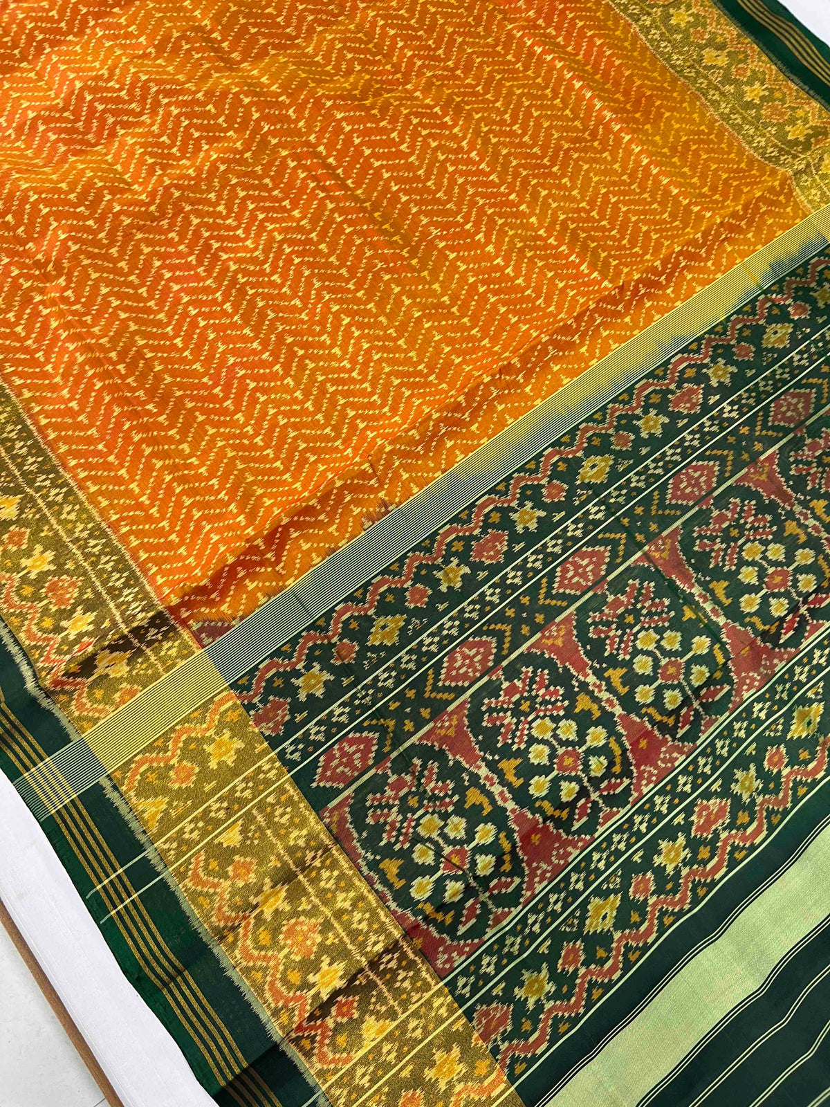 Yellow With Green Laheriya Design Hand Woven Rajkot Patola Silk Saree