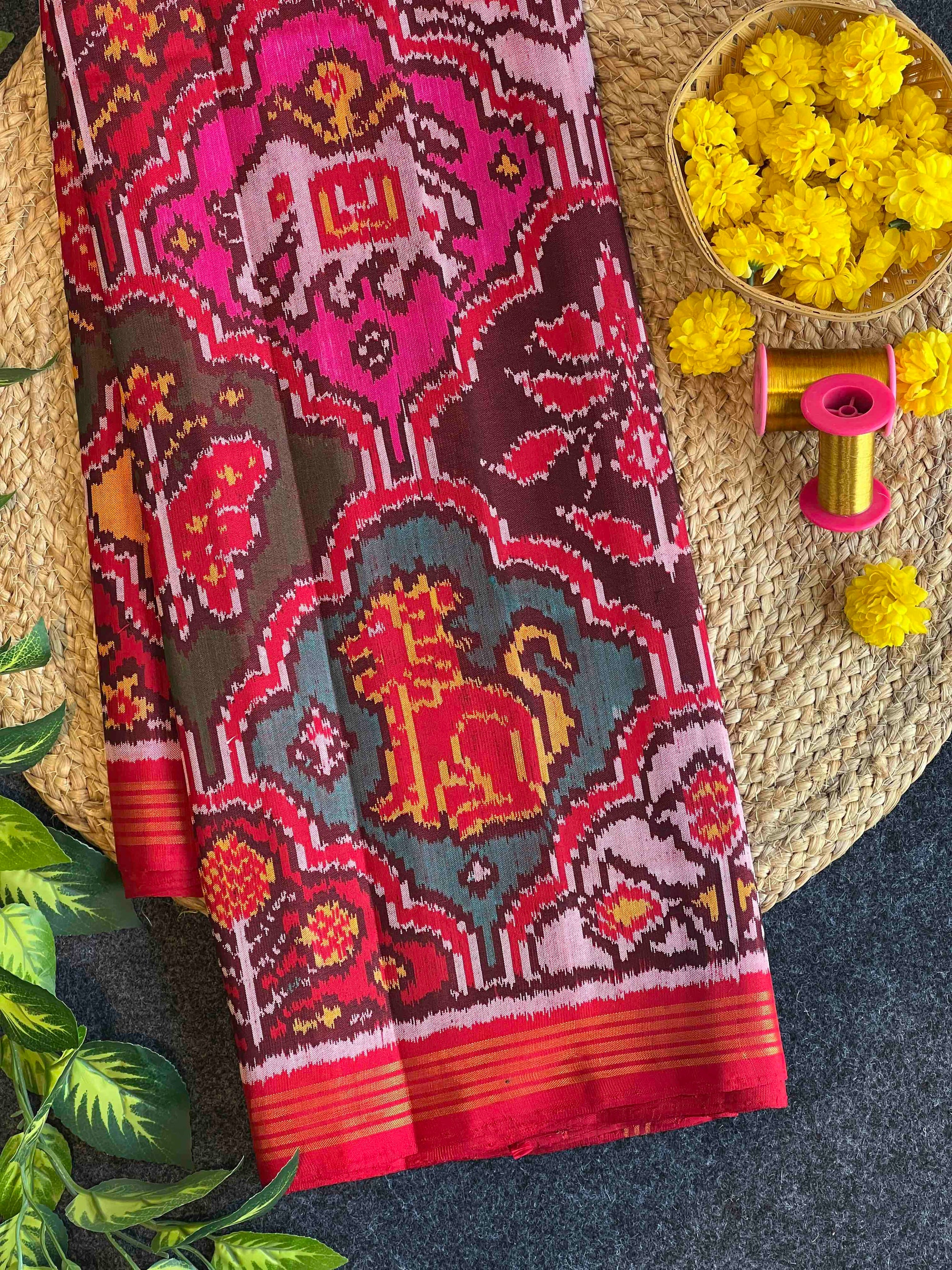 Multi Color Big Motifs Design Hand Woven Ikat Patola Silk Saree