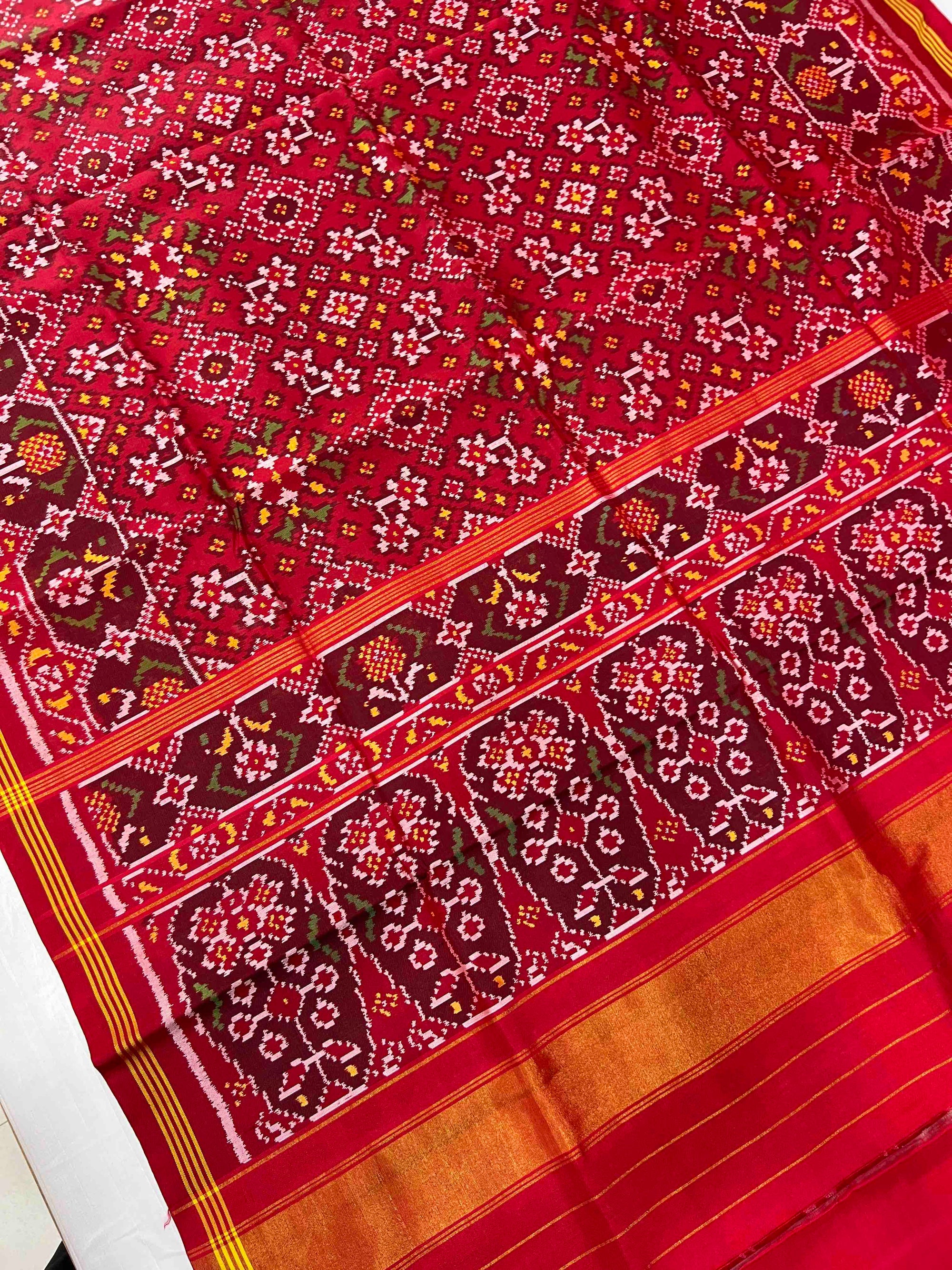 Full Red Navratan Design Hand Woven Rajkot Ikat Patola Silk Saree