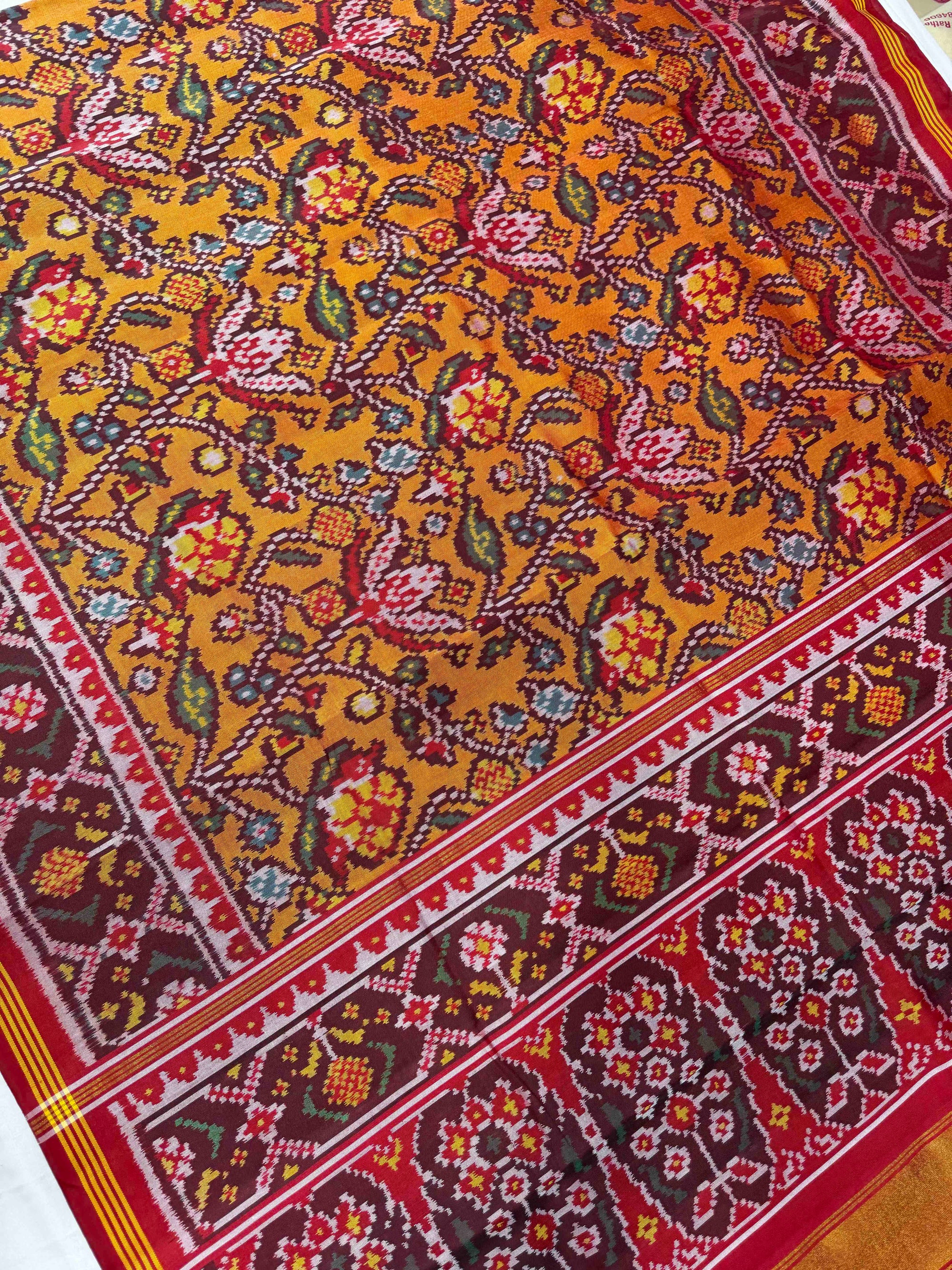 Orange & Red Hand Woven Rajkot Ikat Patola Silk Saree