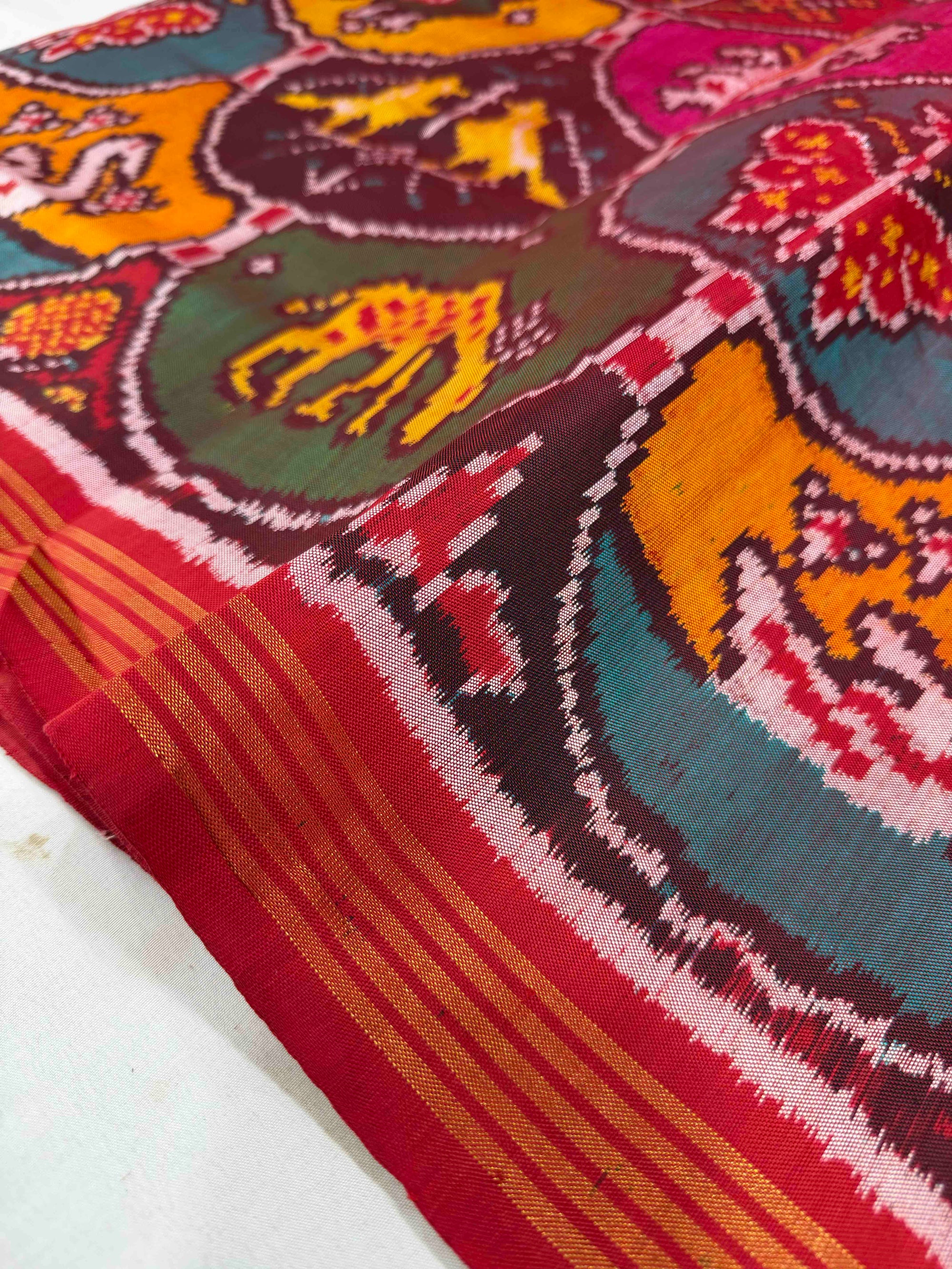 Multi Color Big Motifs Design Hand Woven Rajkot Ikat Patola Silk Saree