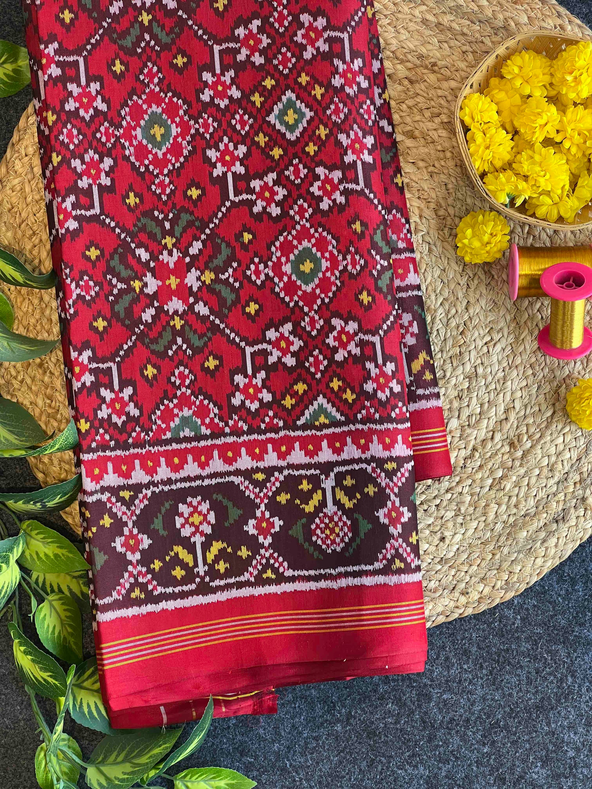 Full Red Navratan Design Hand Woven Ikat Patola Silk Saree