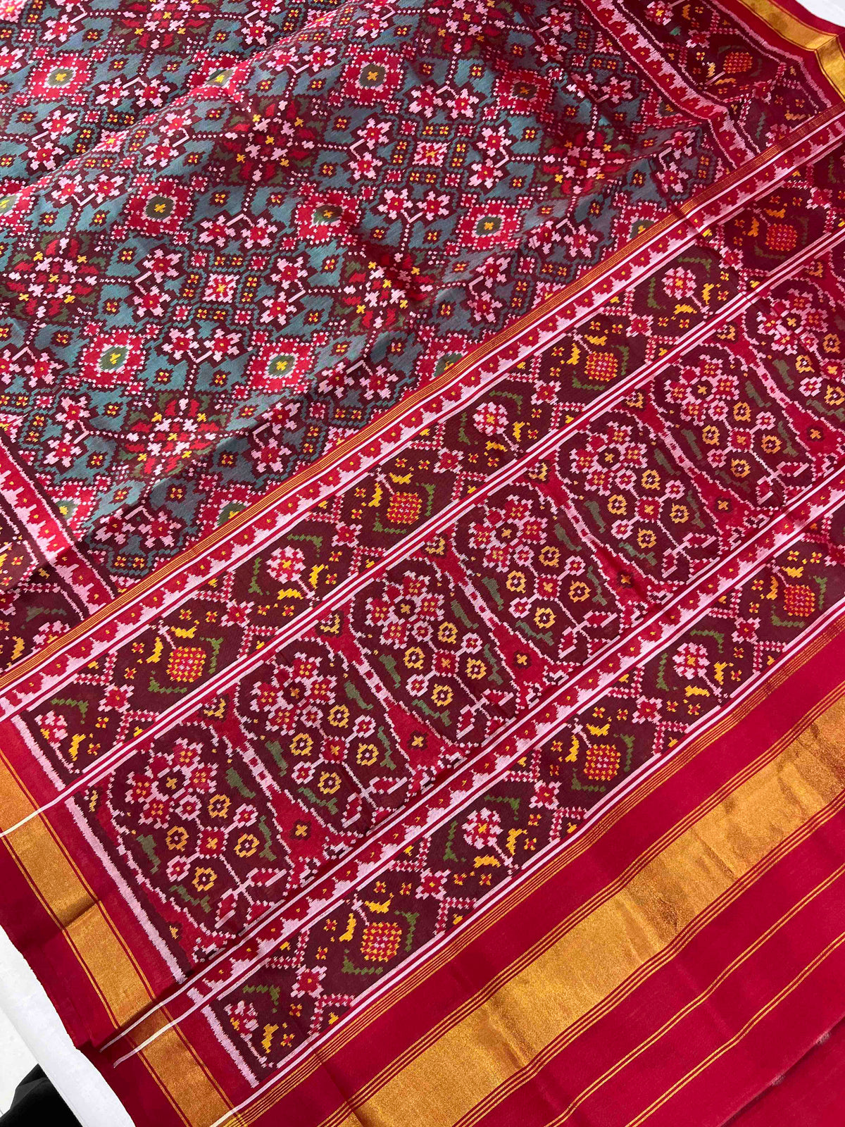 Sea Green With Red Navratan Design Hand Woven Rajkot Patola Silk Saree