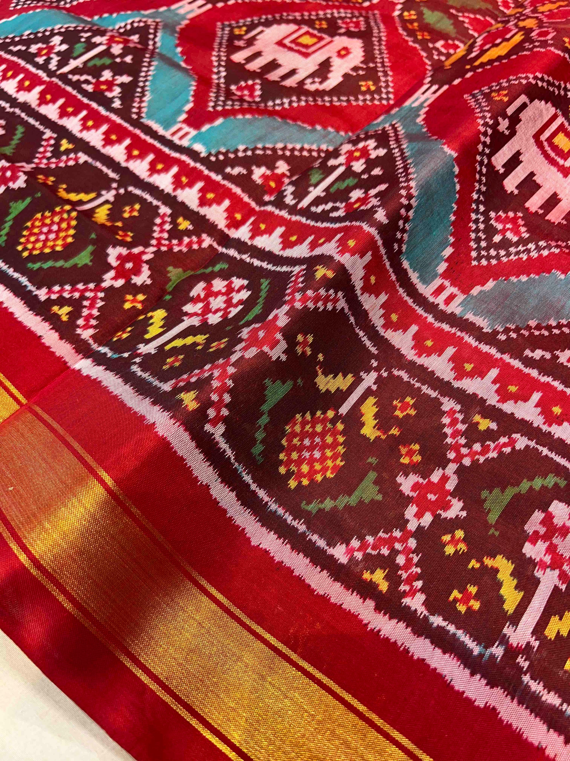 Red And Maroon Big Motifs Design Hand Woven Rajkot  Patola Silk Saree