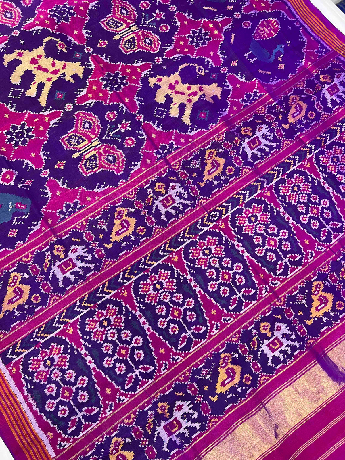 Purple And Pink Big Chabdi Design Hand Woven Rajkot Ikat Patola Silk Saree