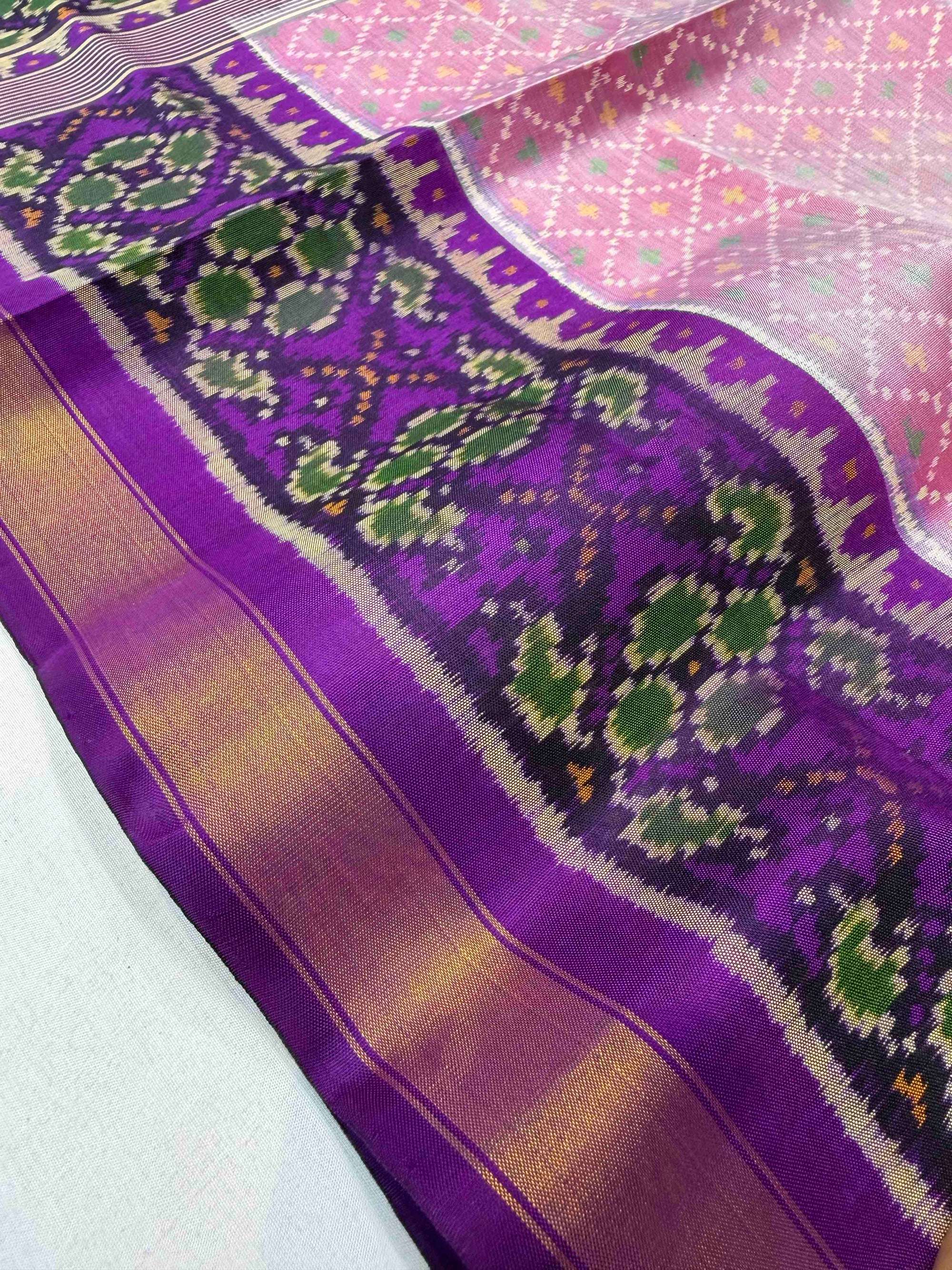 Baby Pink With Purple Hand Woven Rajkot Patola Silk Saree