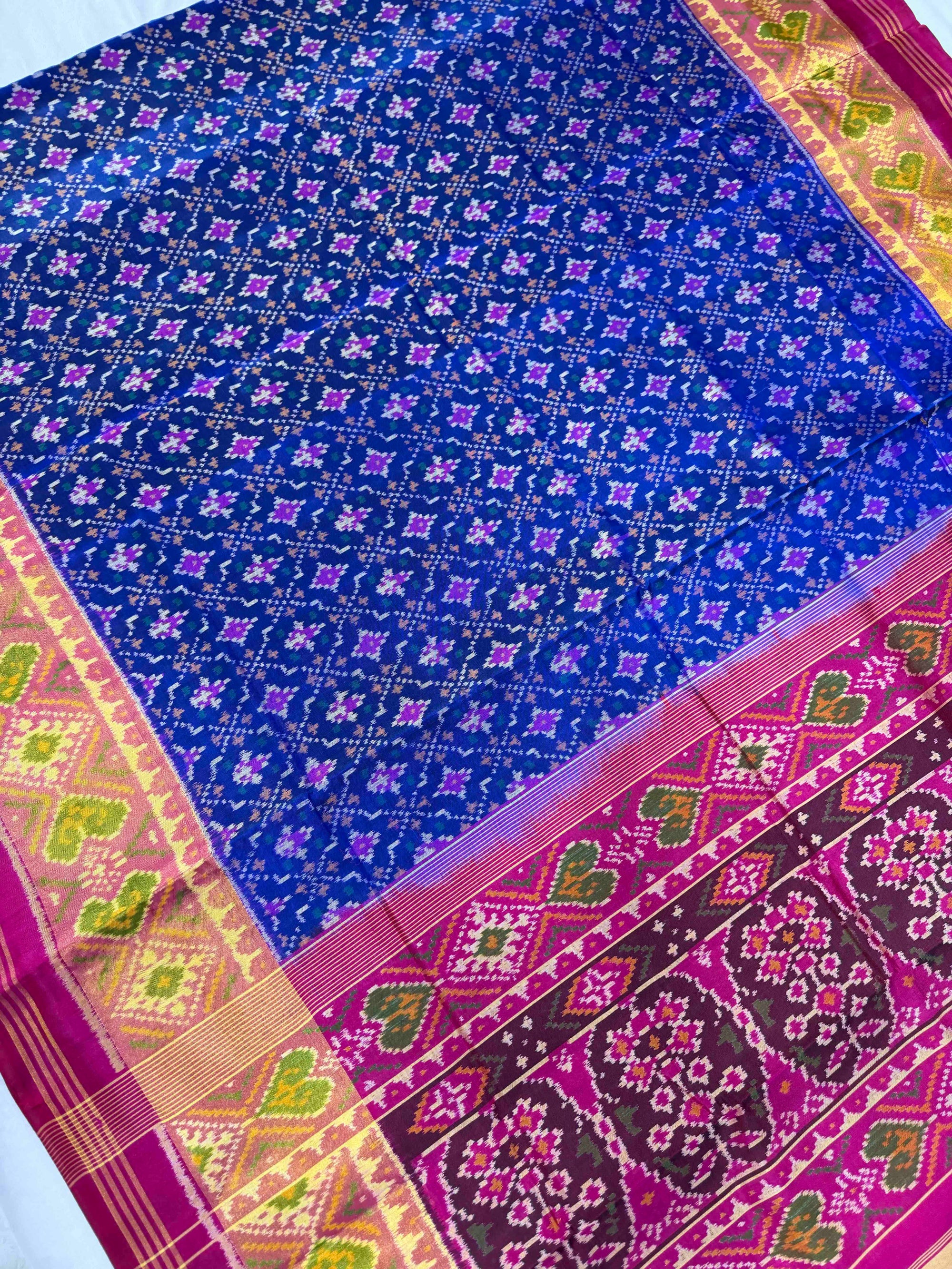 Blue & Pink ButtonFull Hand Woven Rajkot Patola Silk Saree