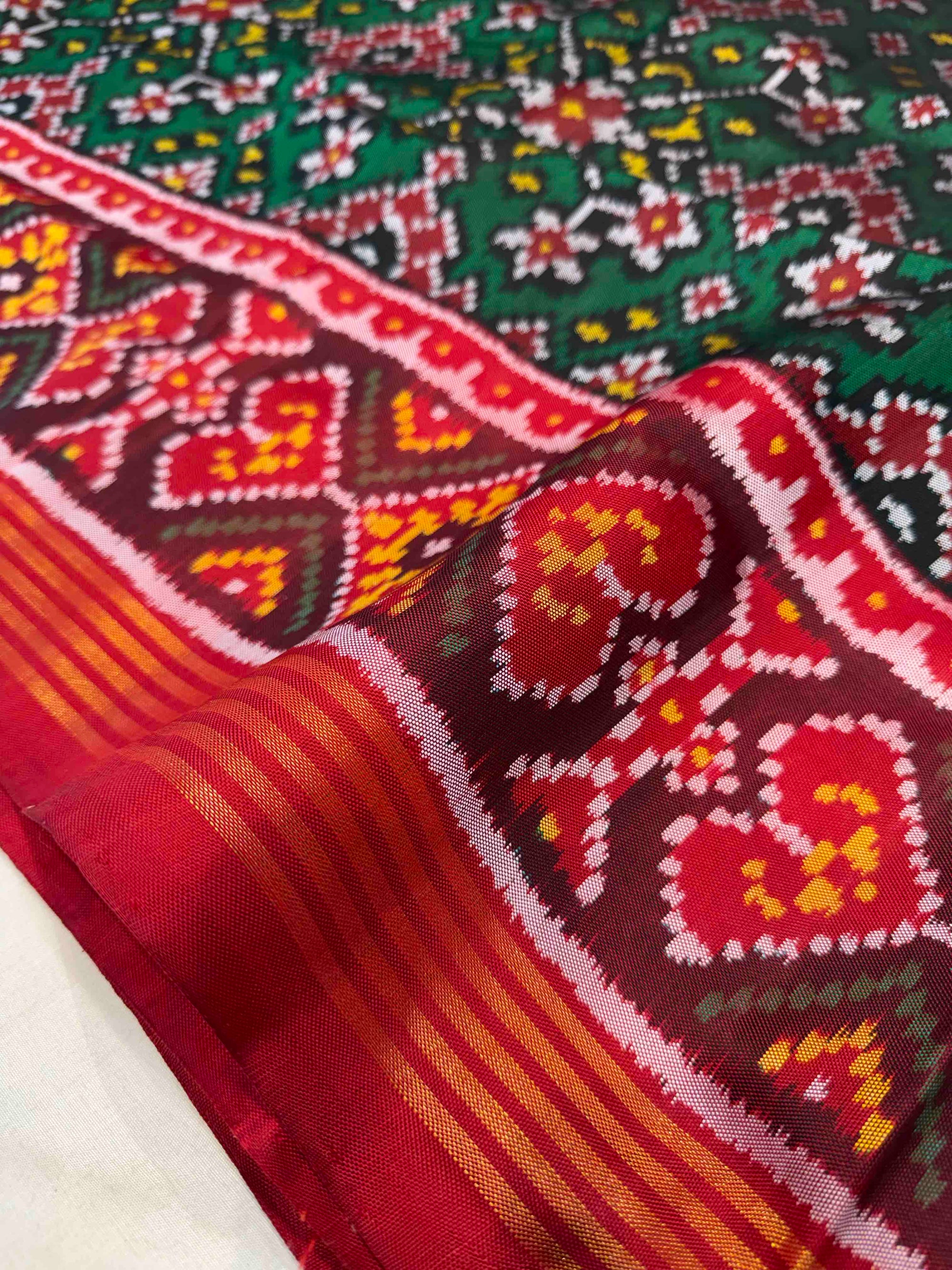 Green & Red Navratan Design Rajkot Ikat Patola Silk Saree