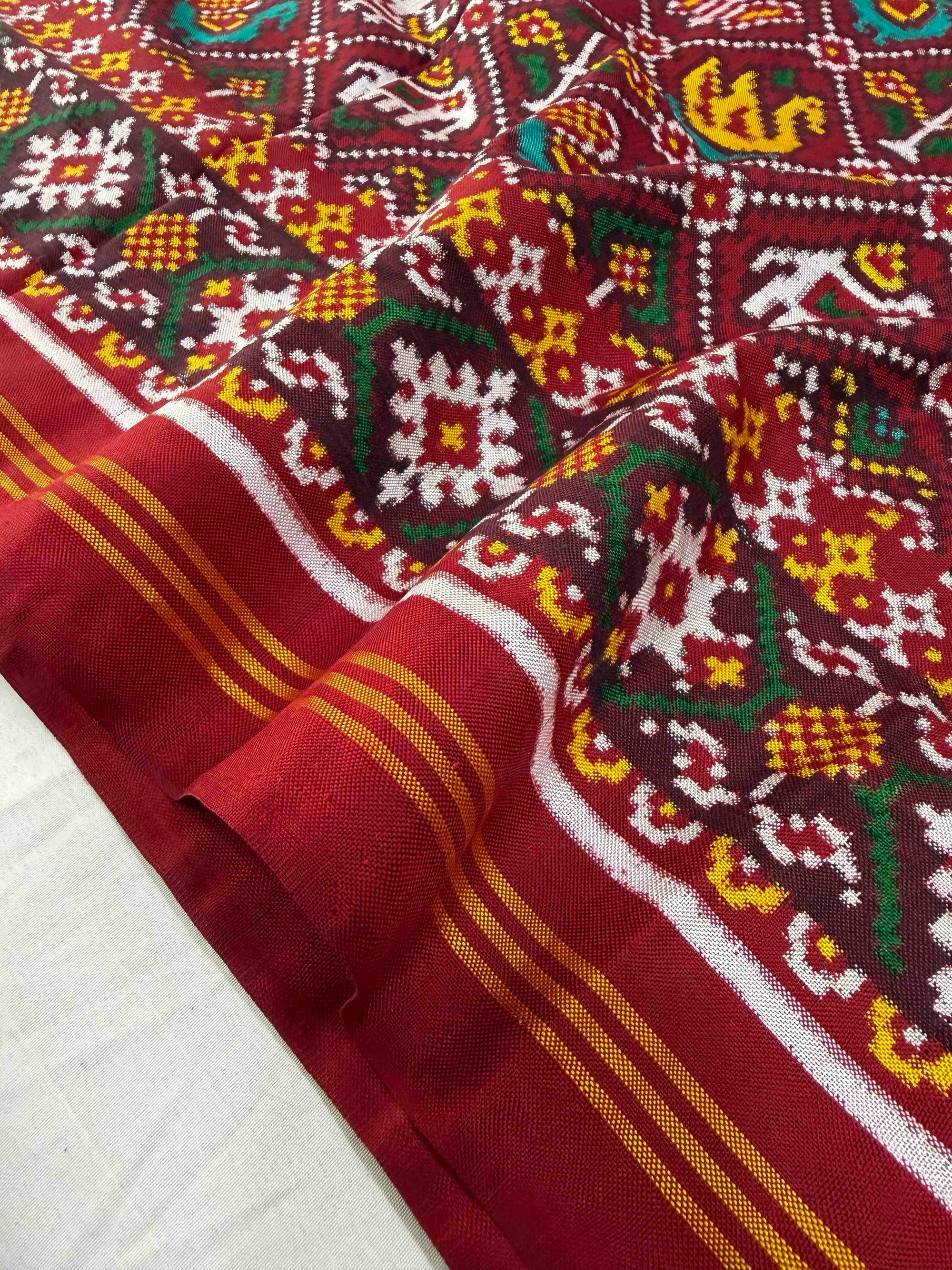 Red Narikunj Design Pure Hand Woven Double Ikat Patola Silk Saree