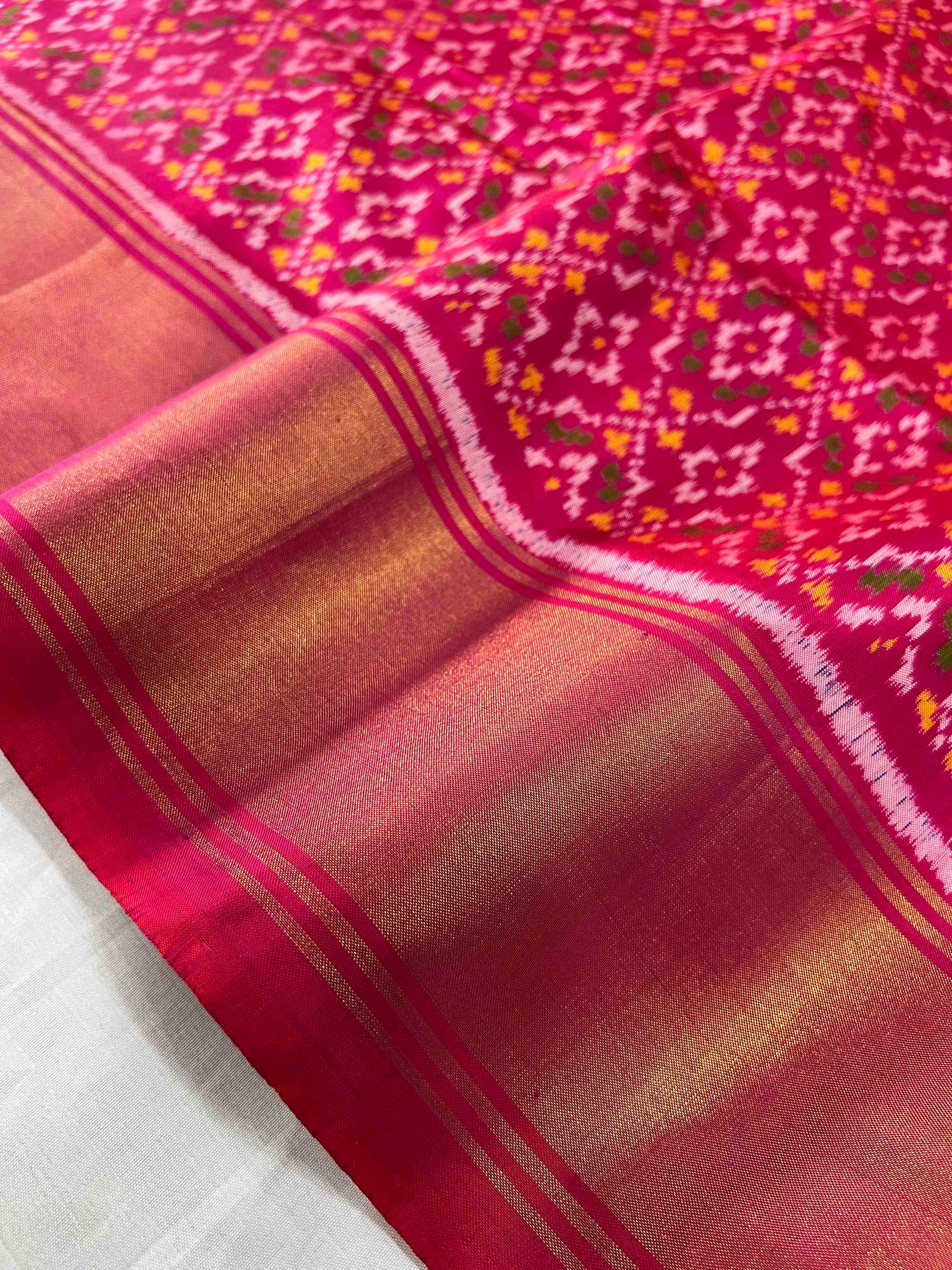 Full Pink Buttonfull Design Hand Woven Rajkot Patola Silk Saree