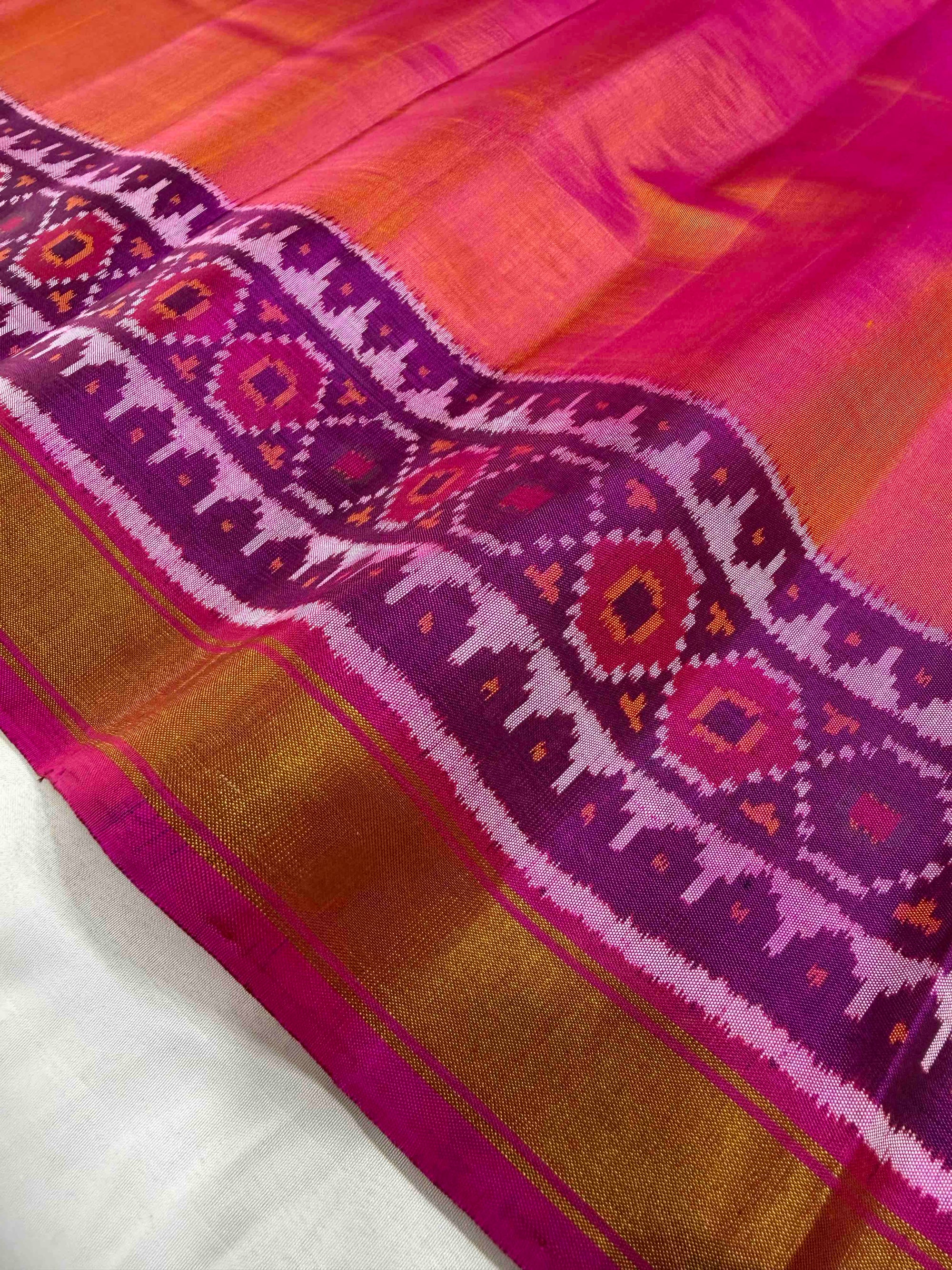Plain Yellow With Pink Hand Woven Rajkot Patola Silk Saree