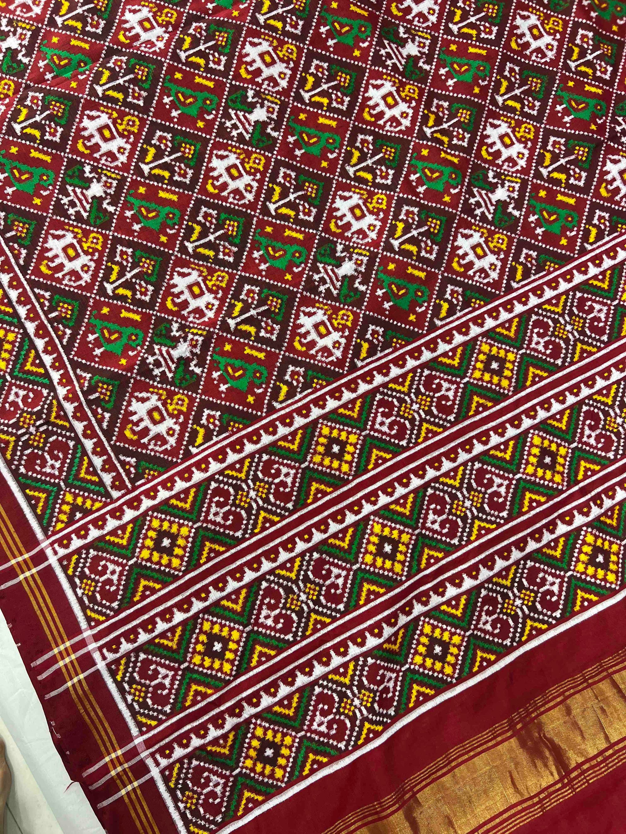 Red & Maroon Narikunj Design Pure Hand Woven Double Ikat Patola Silk Saree