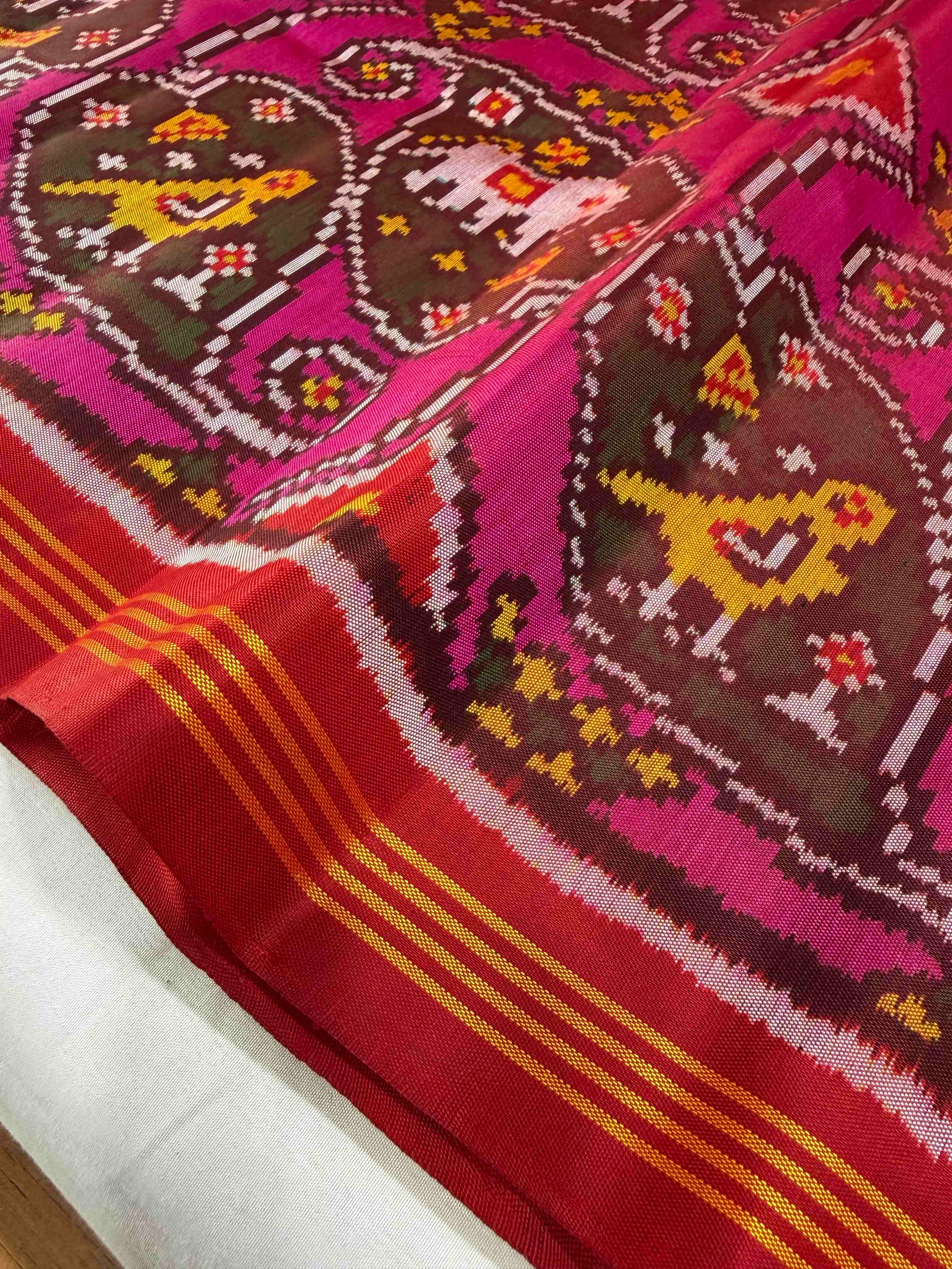 Pink And Red New Fancy Design Hand Woven Rajkot Ikat Patola Silk Saree
