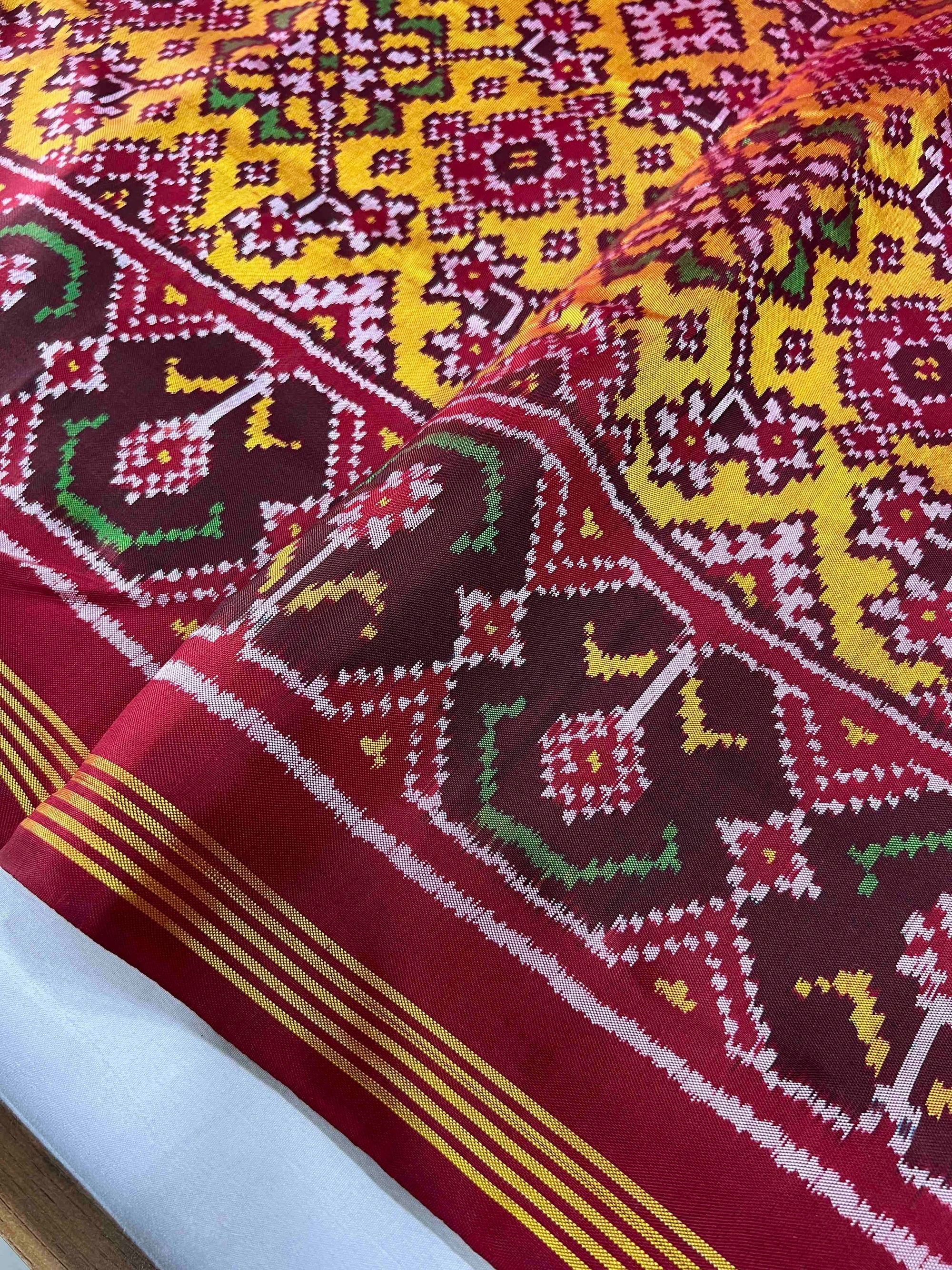 Musturd Yellow Navratan Hand Woven Rajkot Ikat Patola Silk Saree