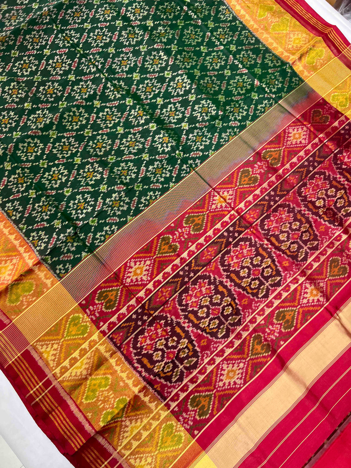 Green And Red Fancy Design Hand Woven Rajkot Patola Silk Saree