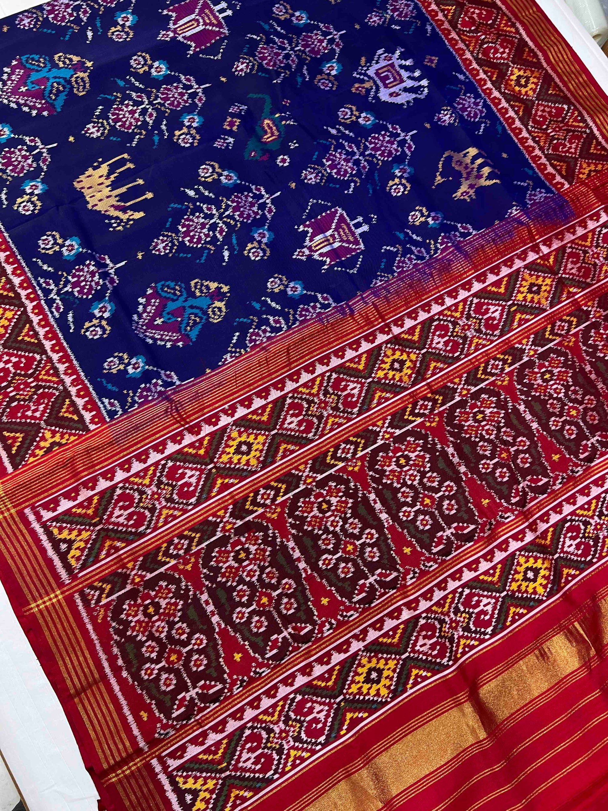 Blue And Red Big Motifs Hand Woven Rajkot Ikat Patola Silk Saree