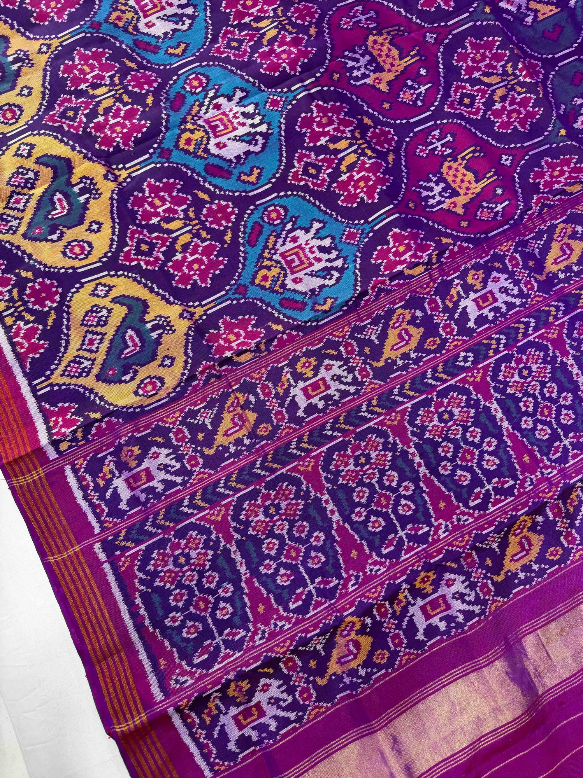 Purple Multi Big Motifs Hand Woven Rajkot Ikat Patola Silk Saree