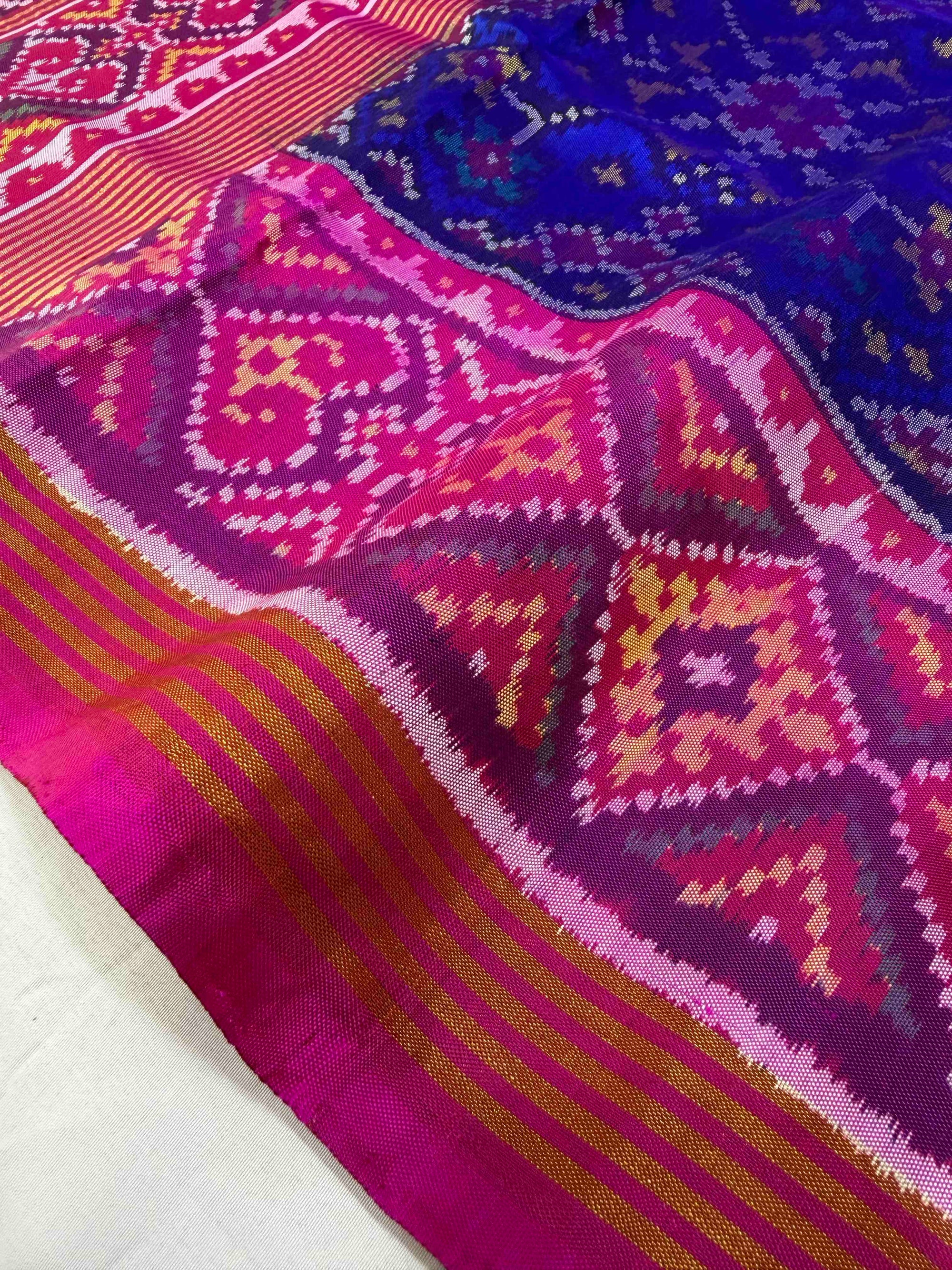 Blue & Pink Navratan Design Rajkot Ikat Patola Silk Saree