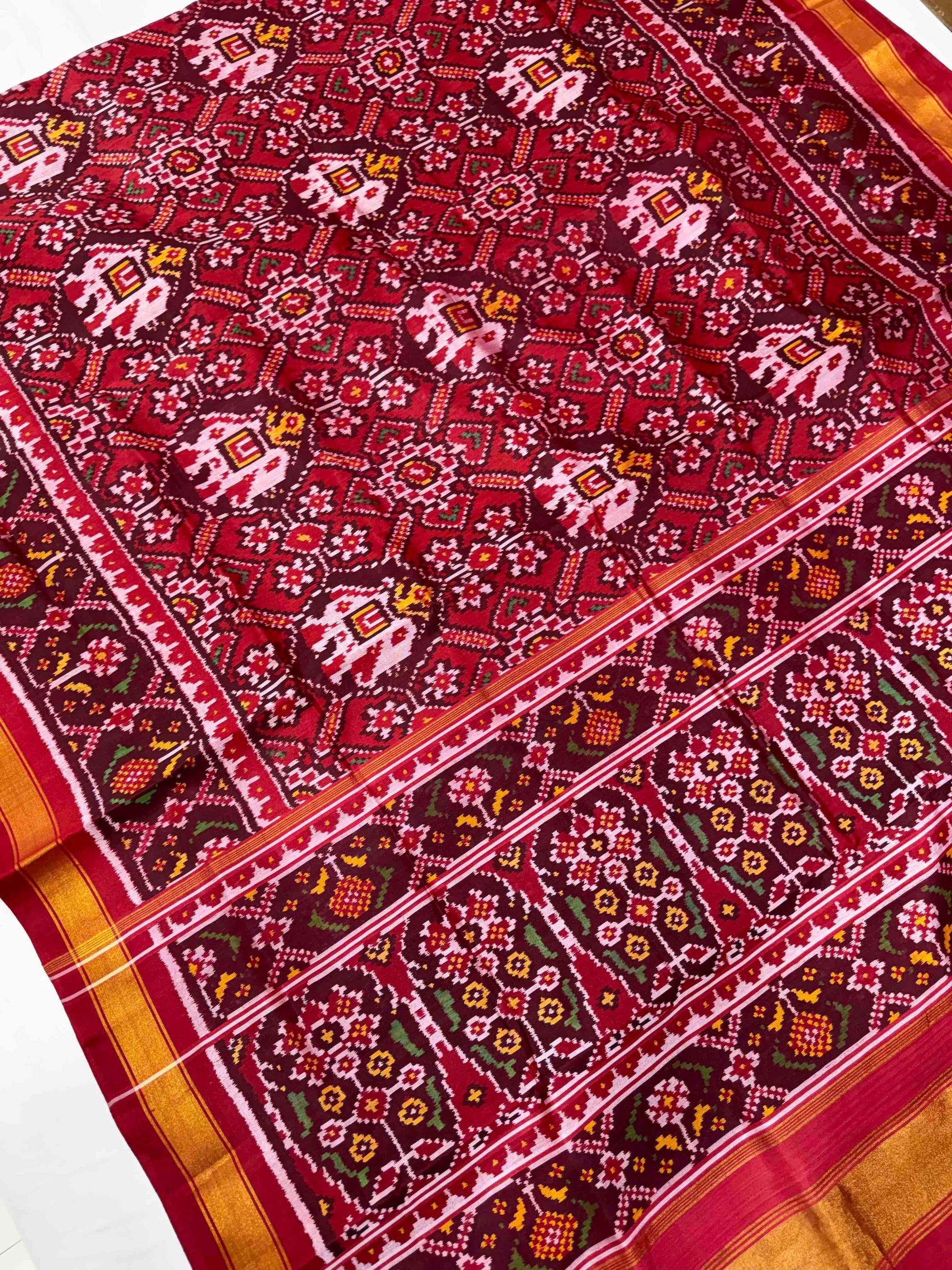 Red With Maroon Elephent Hand Woven Rajkot Patola Silk Saree