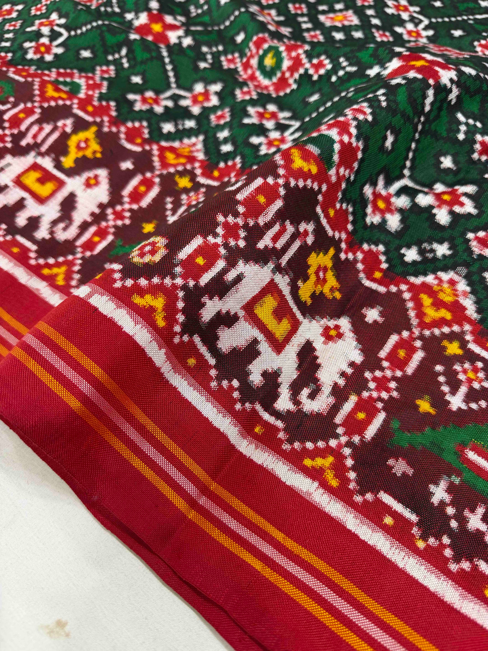 Green & Red Navratan Design Double Ikat Hand Woven Patola Silk Saree