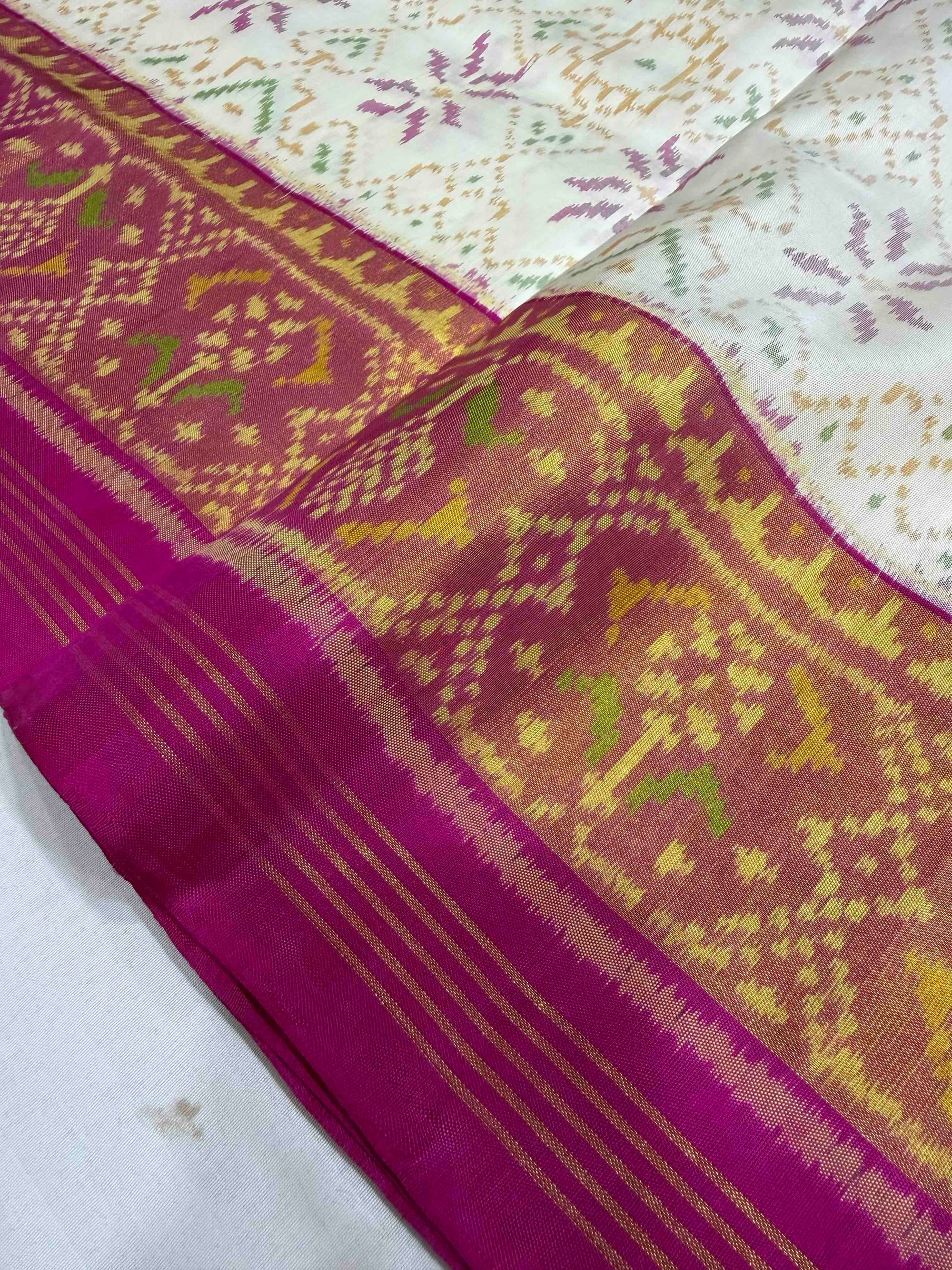 White With Pink Hand Woven Rajkot Patola Silk Saree